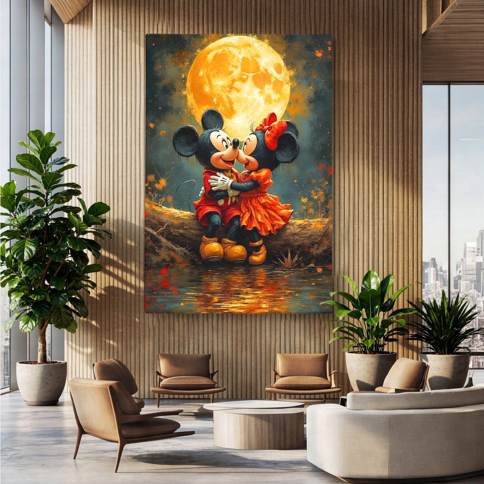 Tablou Canvas Premium LuxCanva® PI1365, Minnie si Mickey Indragostiti, Desene, Luna, Personaje, Romantic, Culori Vibrante, Living, Dormitor, Camera Copii