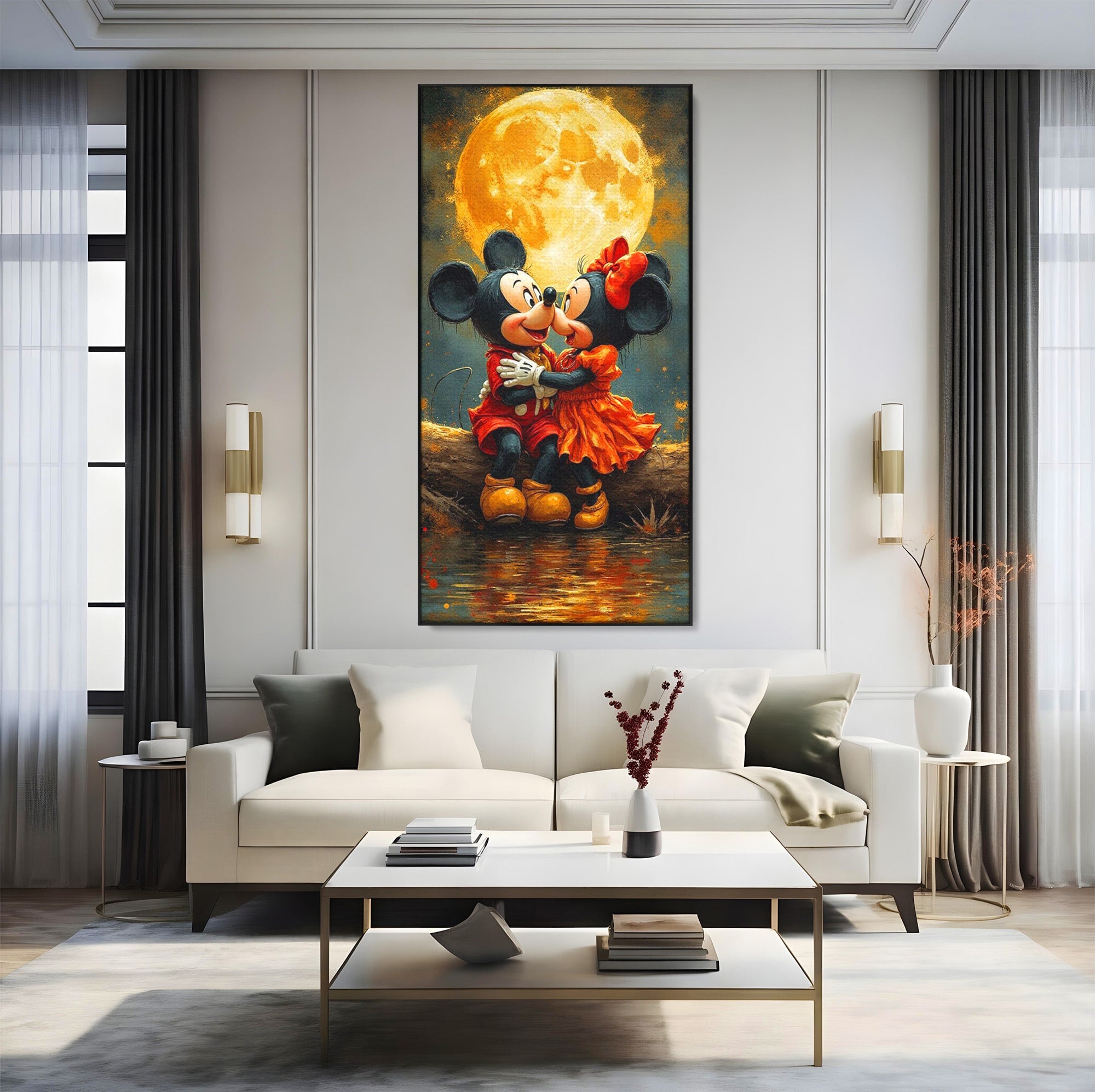 Tablou Canvas Premium LuxCanva® PI1365, Minnie si Mickey Indragostiti, Desene, Luna, Personaje, Romantic, Culori Vibrante, Living, Dormitor, Camera Copii