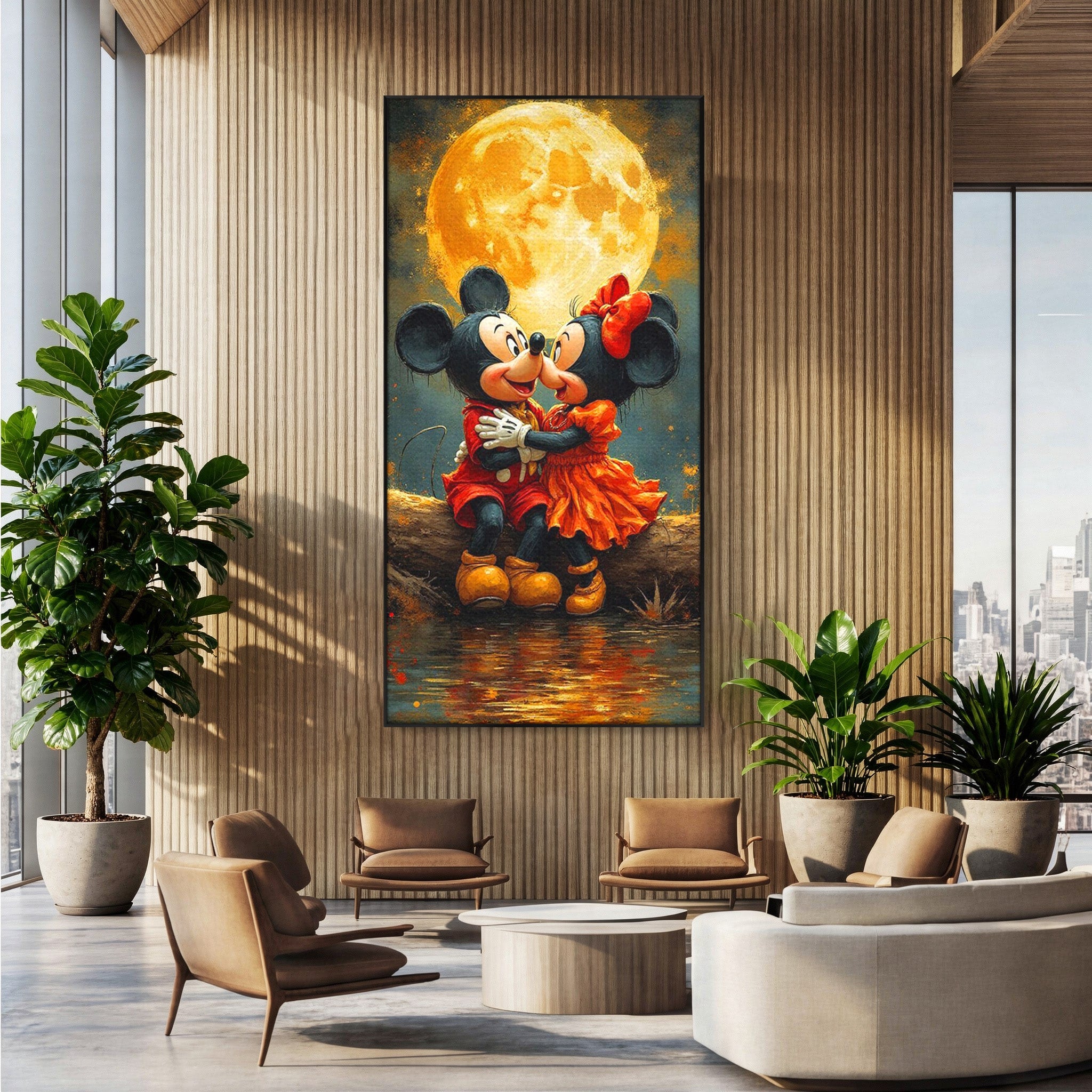 Tablou Canvas Premium LuxCanva® PI1365, Minnie si Mickey Indragostiti, Desene, Luna, Personaje, Romantic, Culori Vibrante, Living, Dormitor, Camera Copii