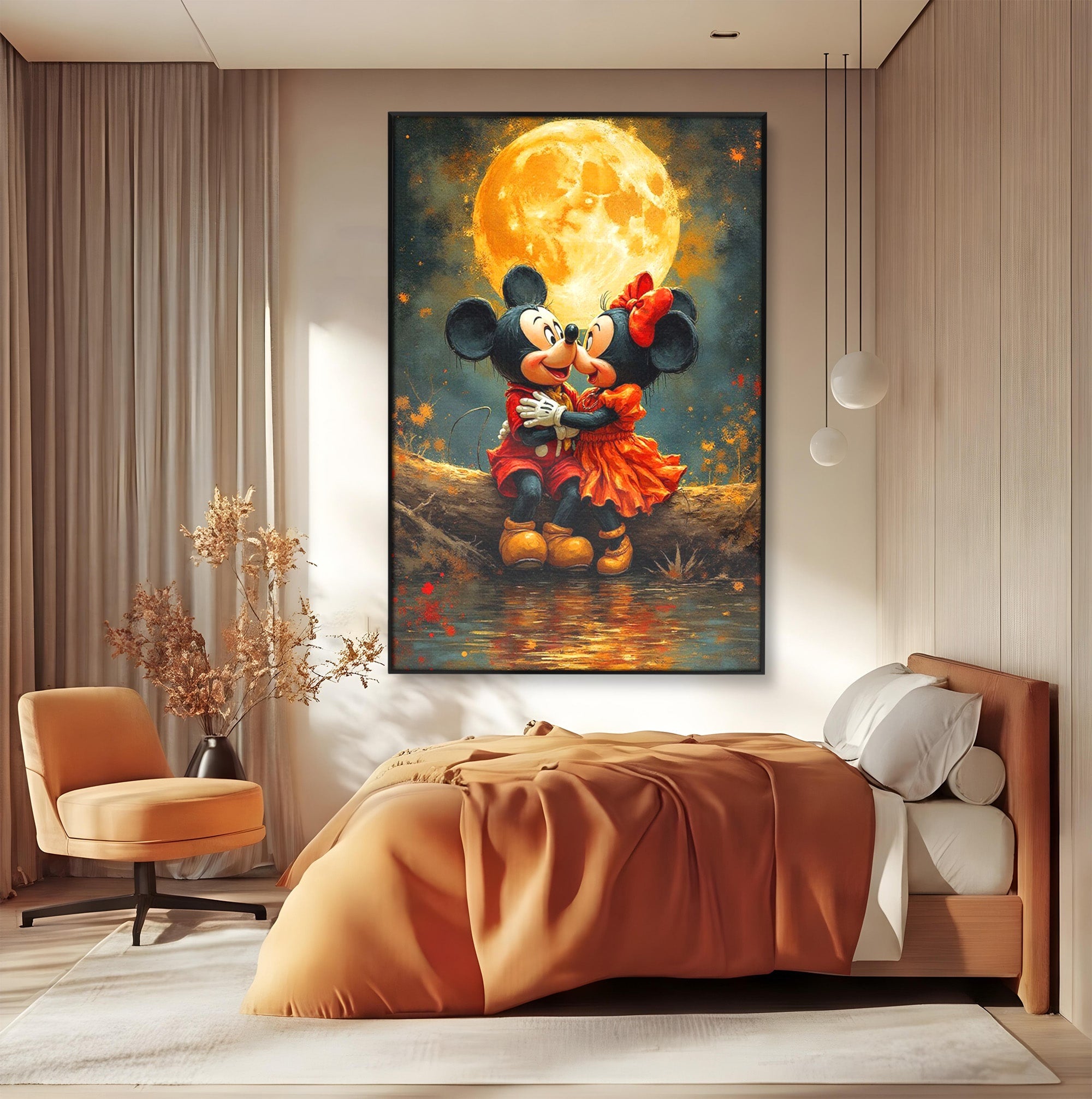Tablou Canvas Premium LuxCanva® PI1365, Minnie si Mickey Indragostiti, Desene, Luna, Personaje, Romantic, Culori Vibrante, Living, Dormitor, Camera Copii