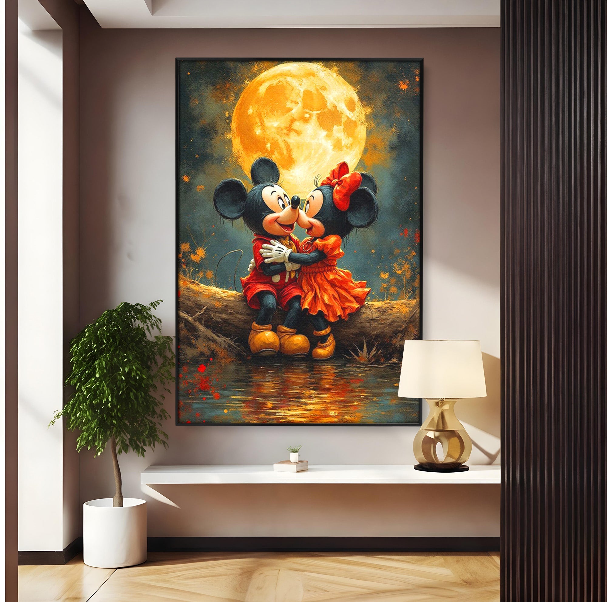 Tablou Canvas Premium LuxCanva® PI1365, Minnie si Mickey Indragostiti, Desene, Luna, Personaje, Romantic, Culori Vibrante, Living, Dormitor, Camera Copii