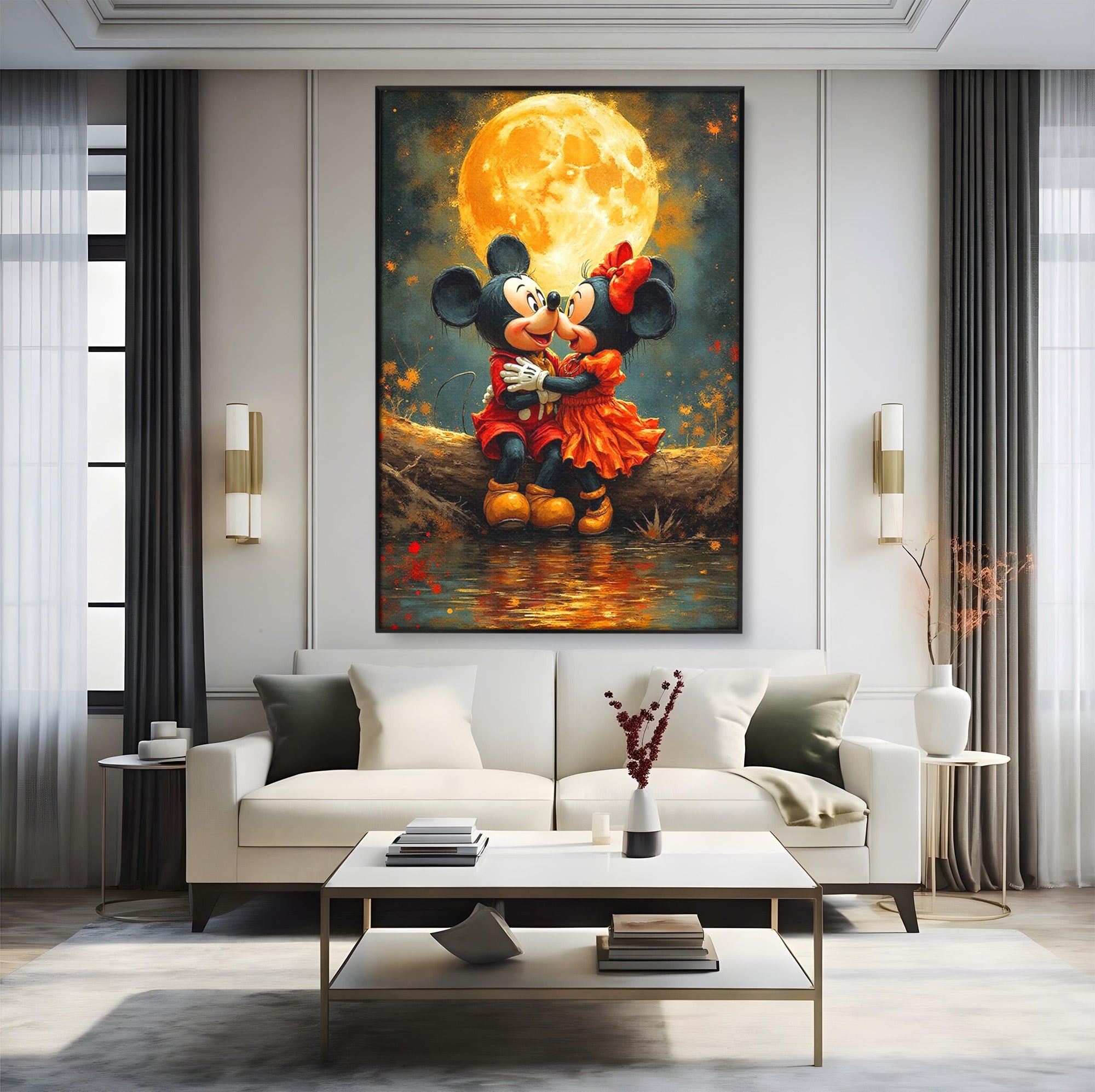 Tablou Canvas Premium LuxCanva® PI1365, Minnie si Mickey Indragostiti, Desene, Luna, Personaje, Romantic, Culori Vibrante, Living, Dormitor, Camera Copii