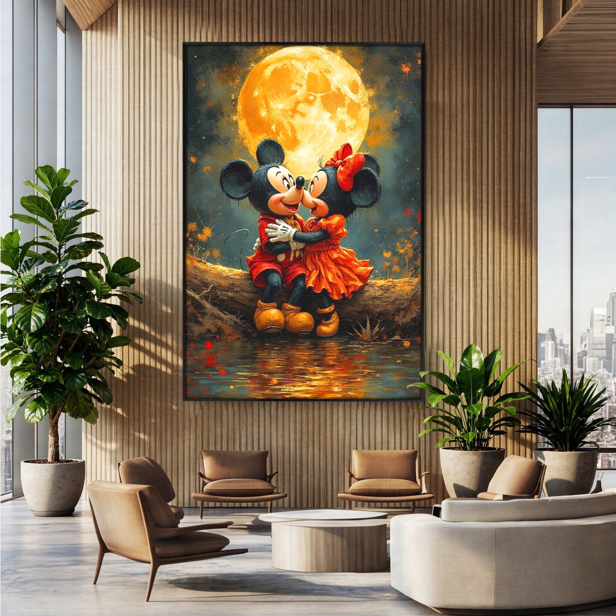 Tablou Canvas Premium LuxCanva® PI1365, Minnie si Mickey Indragostiti, Desene, Luna, Personaje, Romantic, Culori Vibrante, Living, Dormitor, Camera Copii