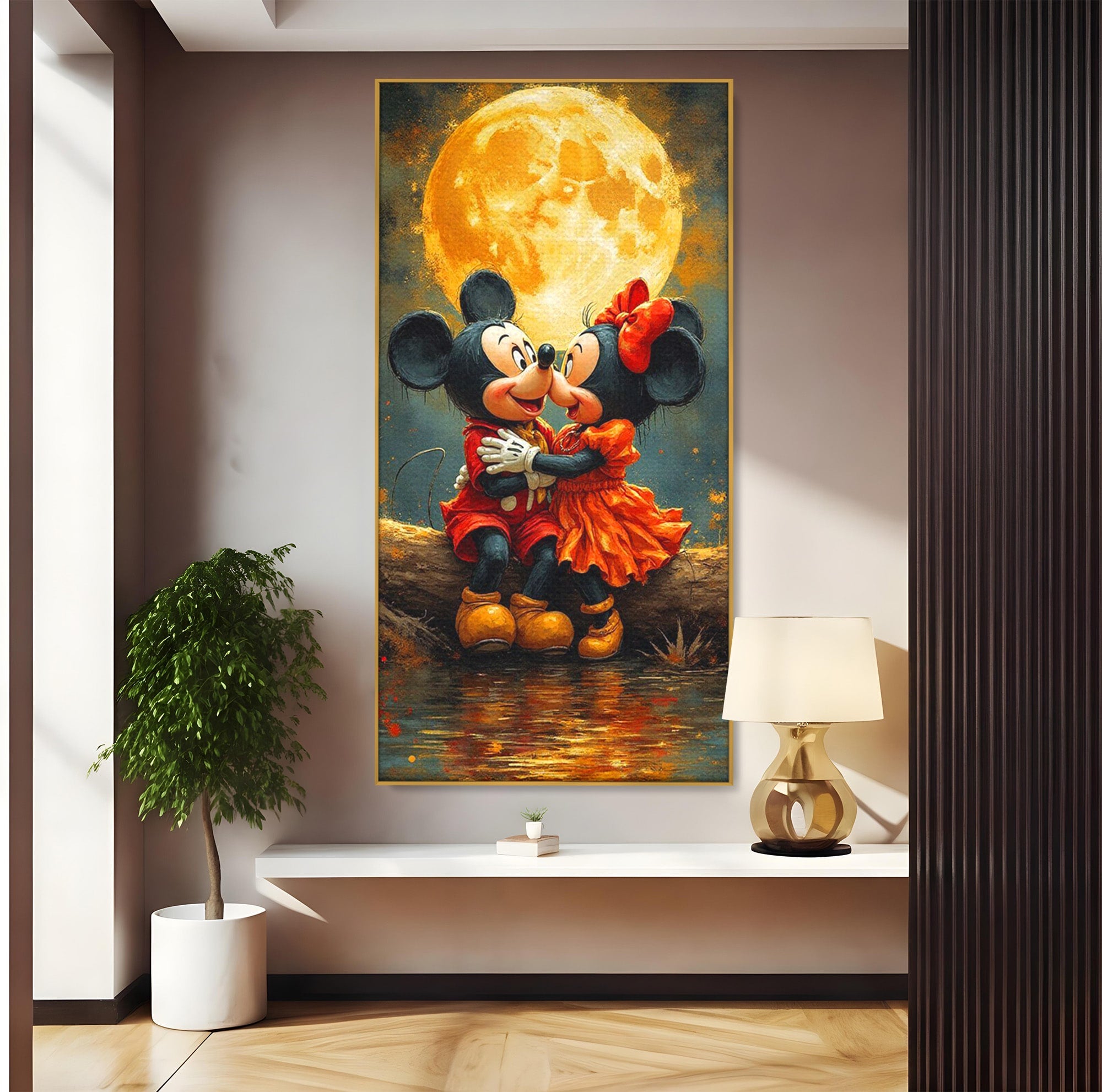 Tablou Canvas Premium LuxCanva® PI1365, Minnie si Mickey Indragostiti, Desene, Luna, Personaje, Romantic, Culori Vibrante, Living, Dormitor, Camera Copii