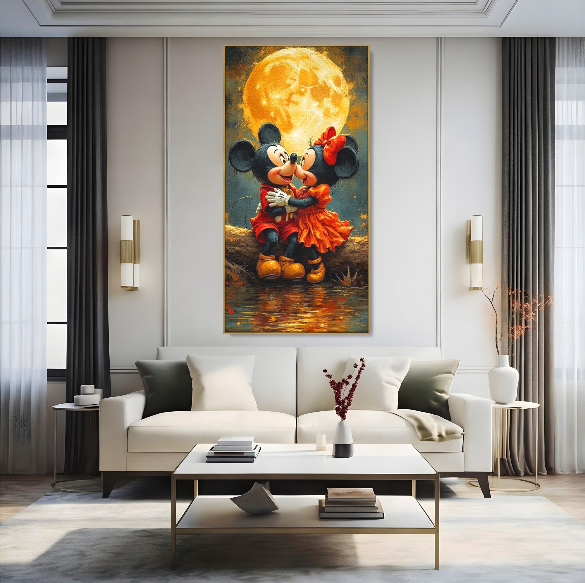 Tablou Canvas Premium LuxCanva® PI1365, Minnie si Mickey Indragostiti, Desene, Luna, Personaje, Romantic, Culori Vibrante, Living, Dormitor, Camera Copii