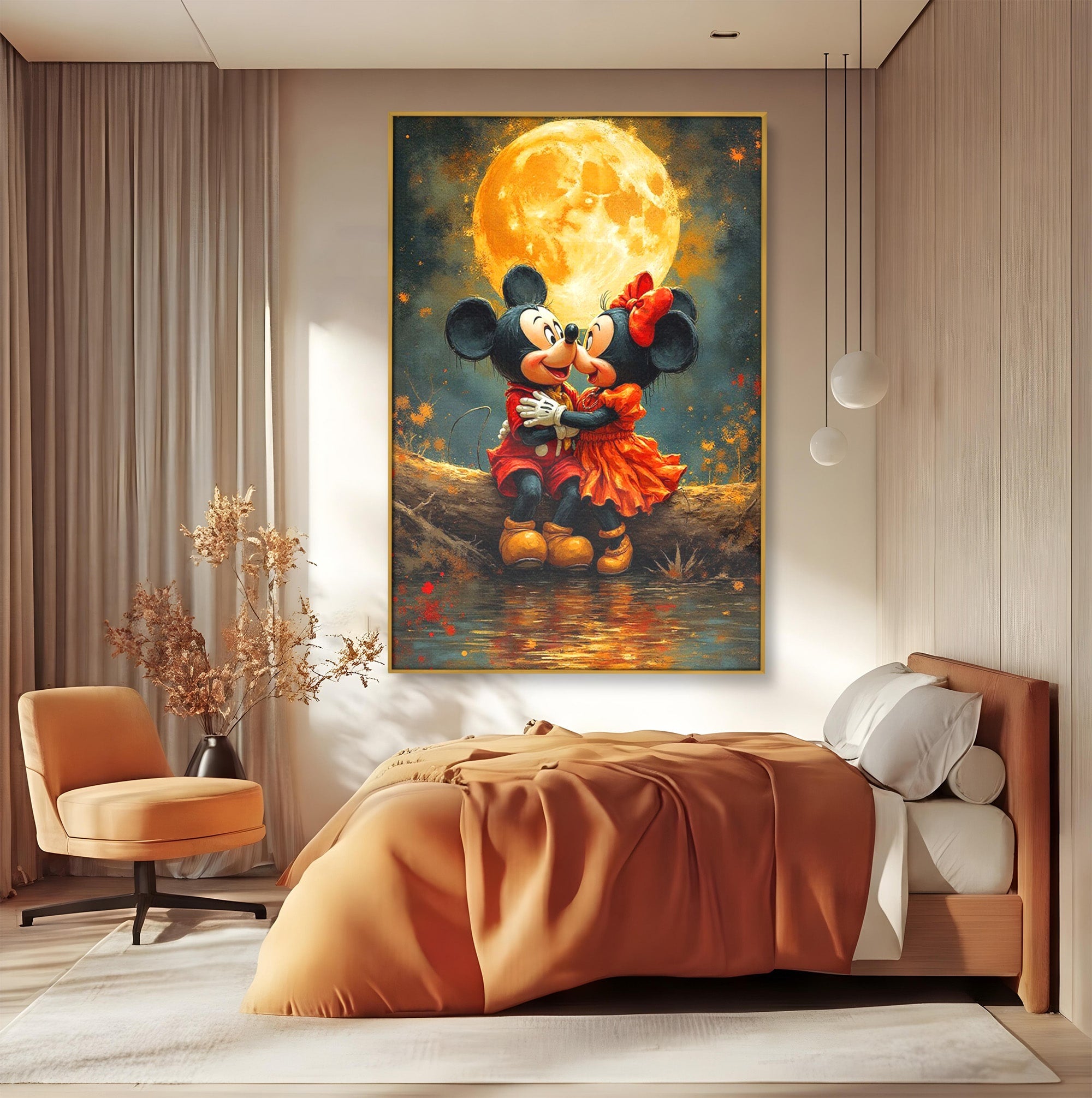 Tablou Canvas Premium LuxCanva® PI1365, Minnie si Mickey Indragostiti, Desene, Luna, Personaje, Romantic, Culori Vibrante, Living, Dormitor, Camera Copii
