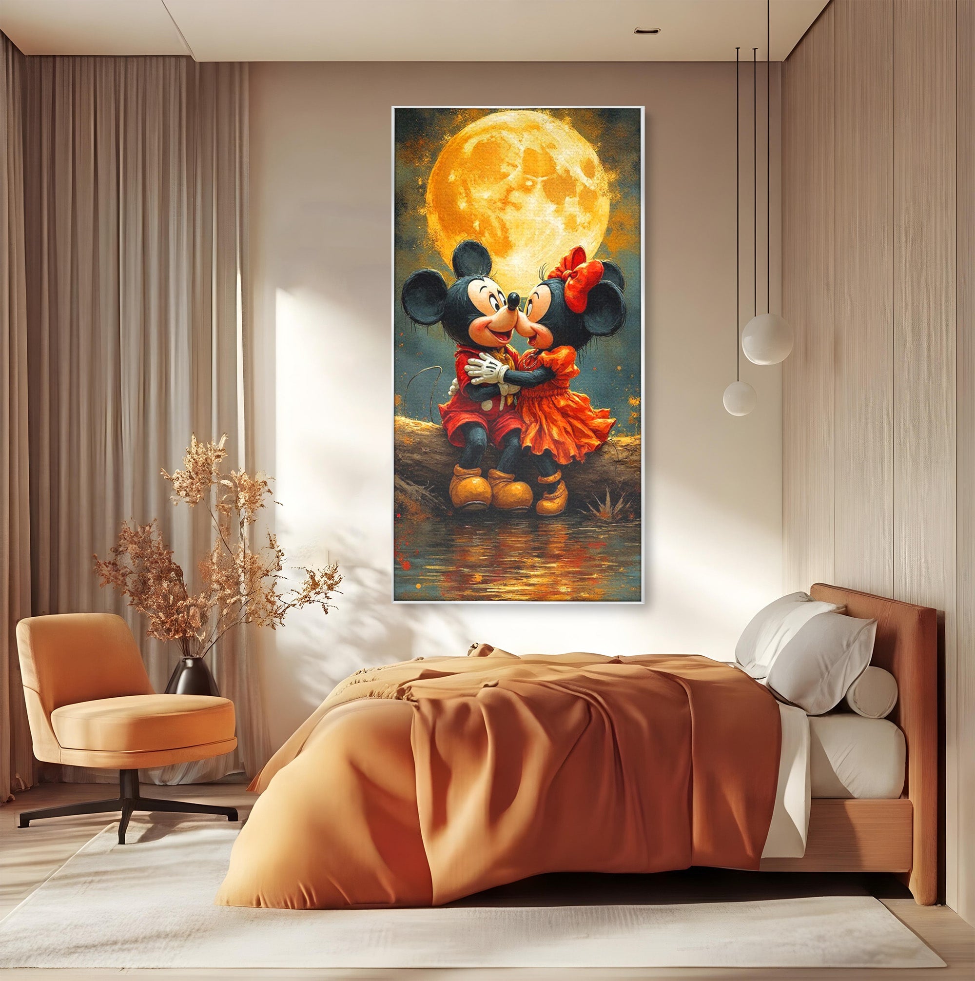 Tablou Canvas Premium LuxCanva® PI1365, Minnie si Mickey Indragostiti, Desene, Luna, Personaje, Romantic, Culori Vibrante, Living, Dormitor, Camera Copii