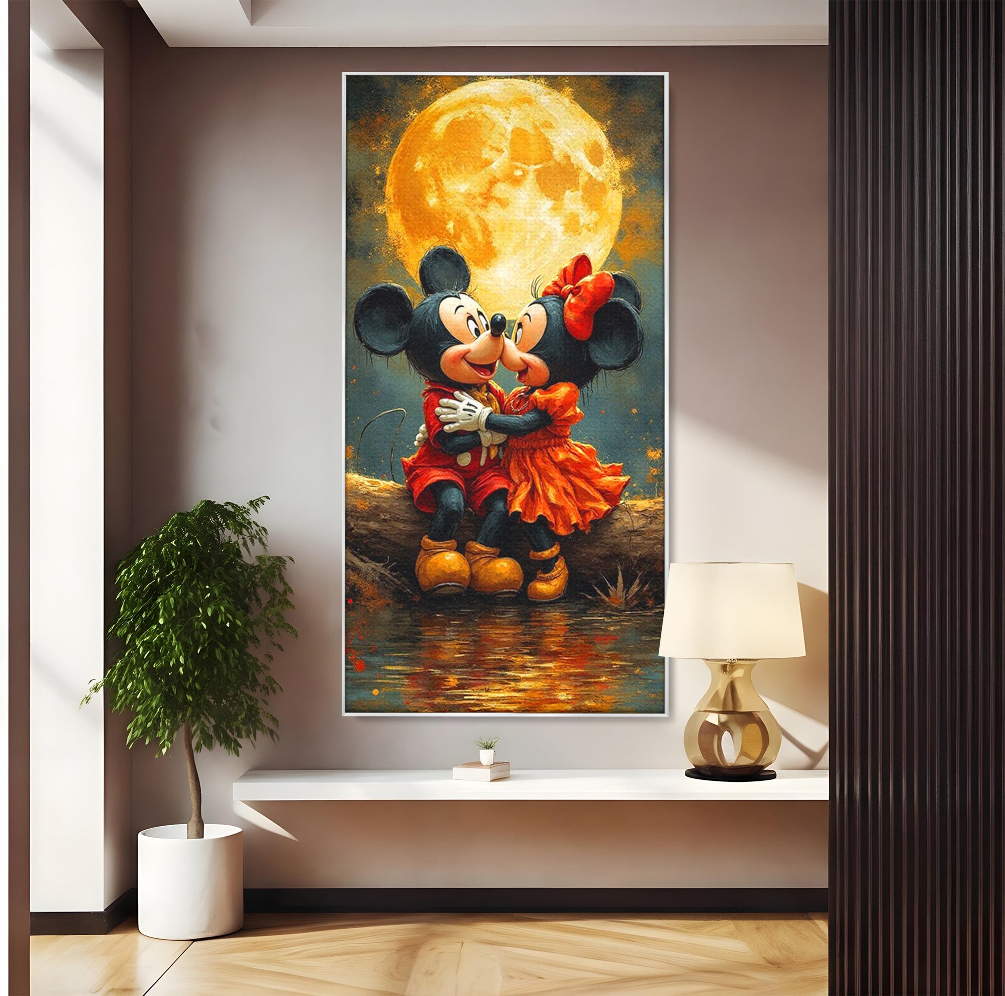 Tablou Canvas Premium LuxCanva® PI1365, Minnie si Mickey Indragostiti, Desene, Luna, Personaje, Romantic, Culori Vibrante, Living, Dormitor, Camera Copii