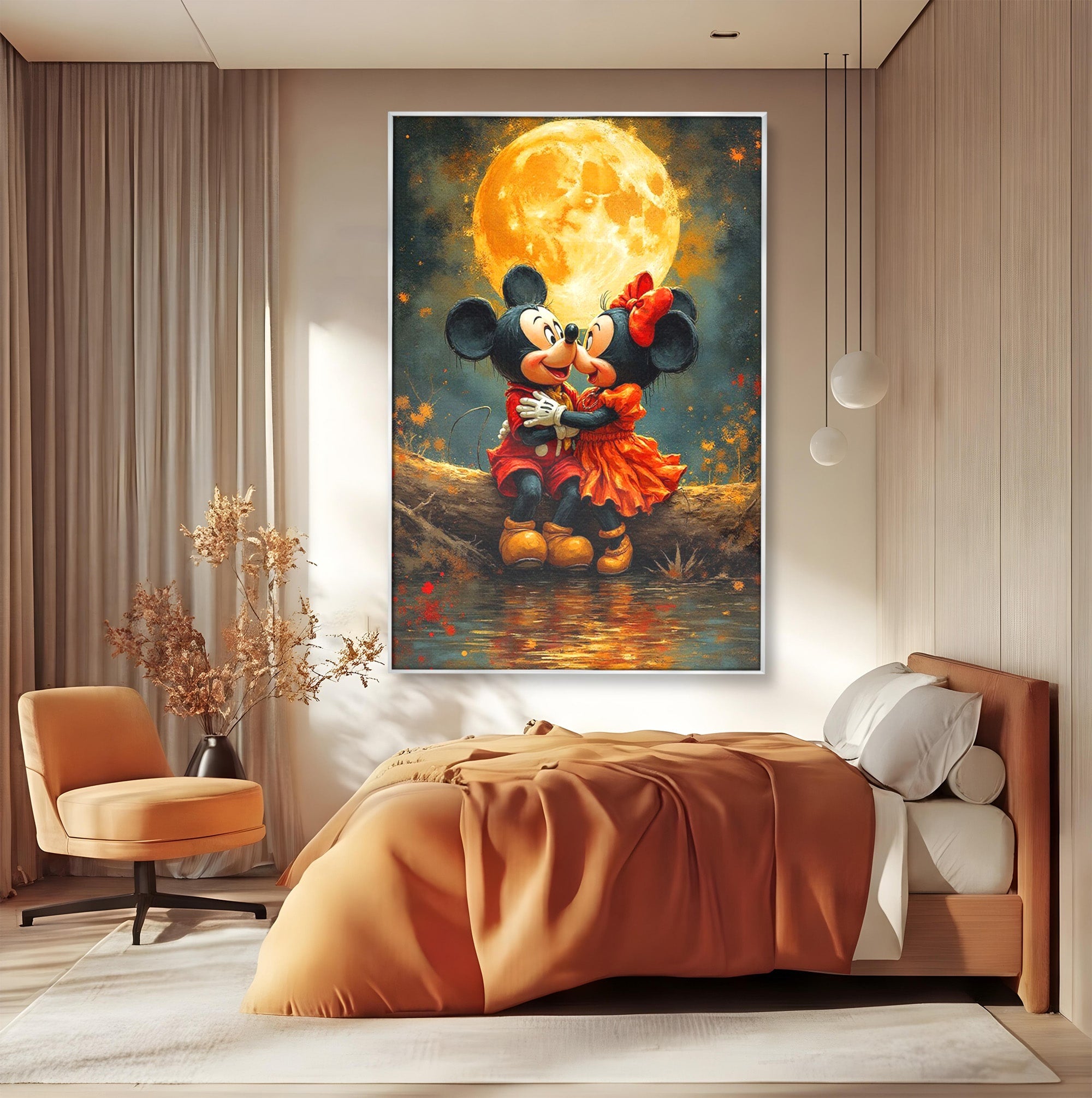 Tablou Canvas Premium LuxCanva® PI1365, Minnie si Mickey Indragostiti, Desene, Luna, Personaje, Romantic, Culori Vibrante, Living, Dormitor, Camera Copii