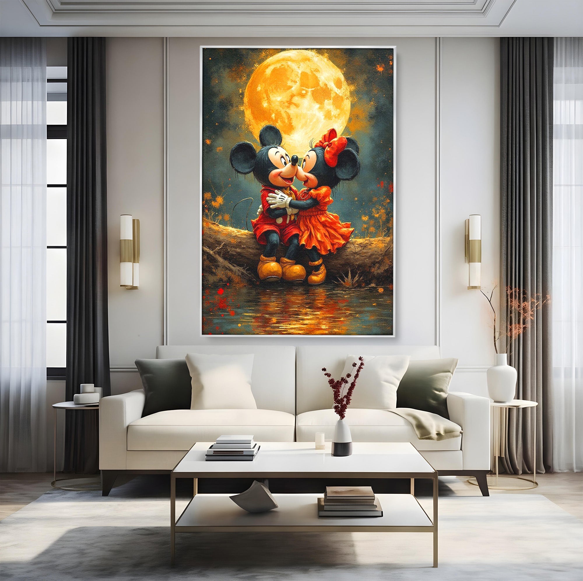 Tablou Canvas Premium LuxCanva® PI1365, Minnie si Mickey Indragostiti, Desene, Luna, Personaje, Romantic, Culori Vibrante, Living, Dormitor, Camera Copii