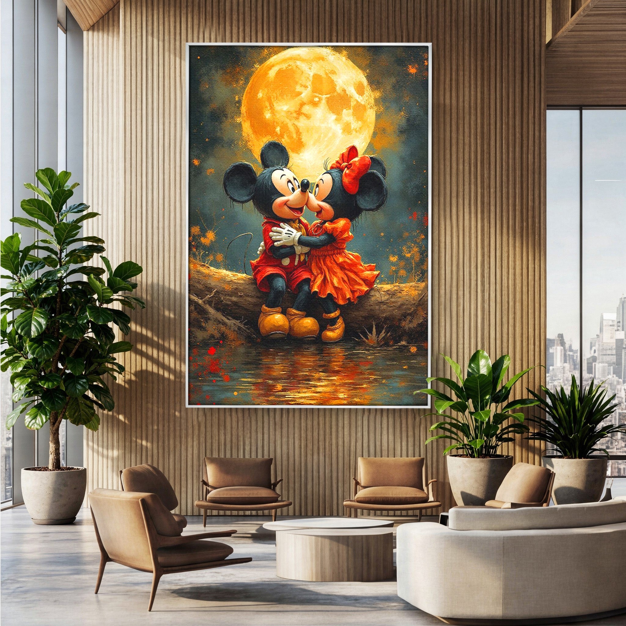 Tablou Canvas Premium LuxCanva® PI1365, Minnie si Mickey Indragostiti, Desene, Luna, Personaje, Romantic, Culori Vibrante, Living, Dormitor, Camera Copii