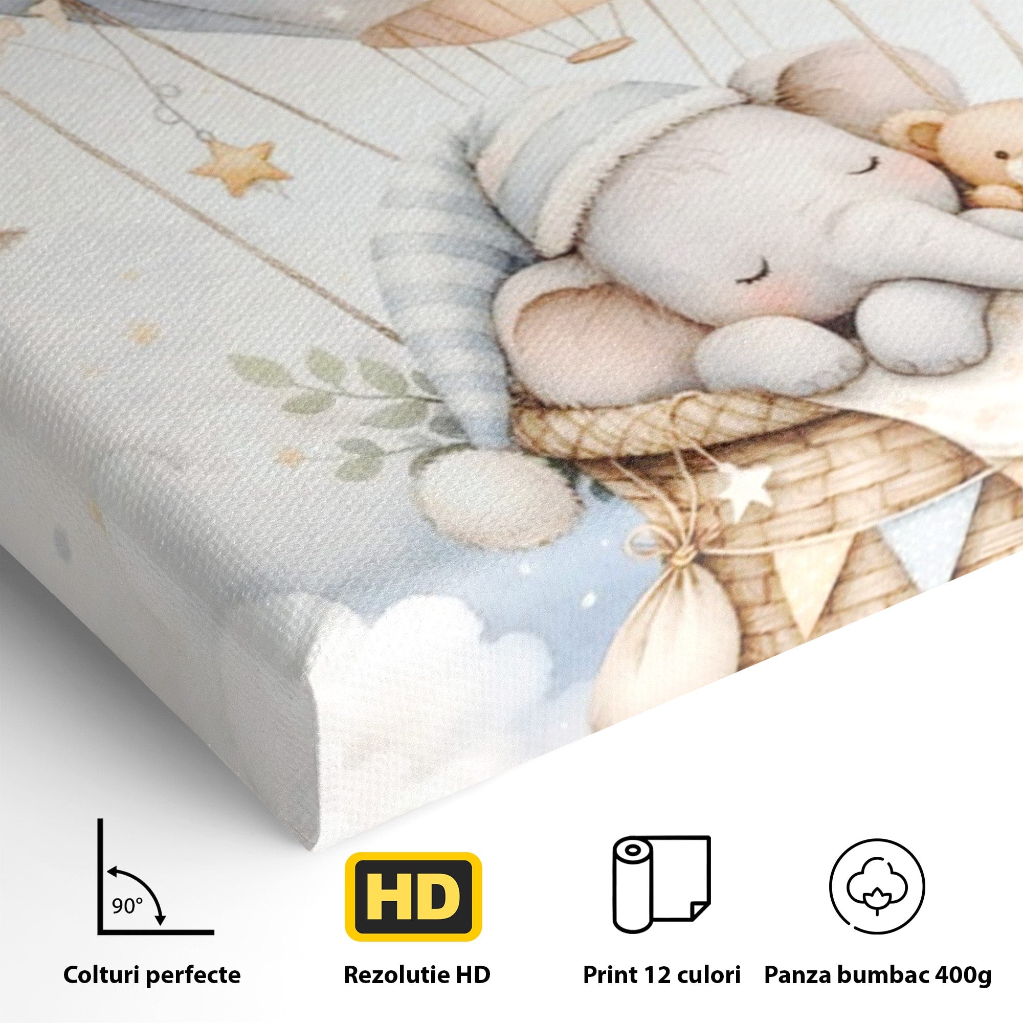 Tablou Canvas Premium LuxCanva® PI1366, Vis Deasupra Norilor, Elefant, Balon, Aer Cald, Nori, Copil, Culori Vibrante, Dormitor, Camera Copii