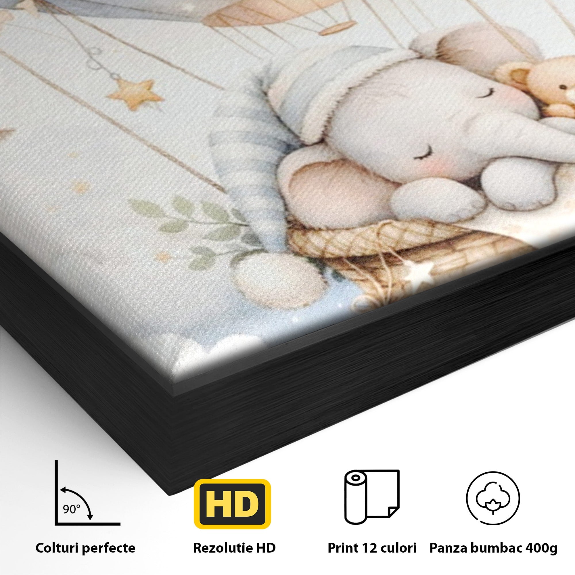 Tablou Canvas Premium LuxCanva® PI1366, Vis Deasupra Norilor, Elefant, Balon, Aer Cald, Nori, Copil, Culori Vibrante, Dormitor, Camera Copii