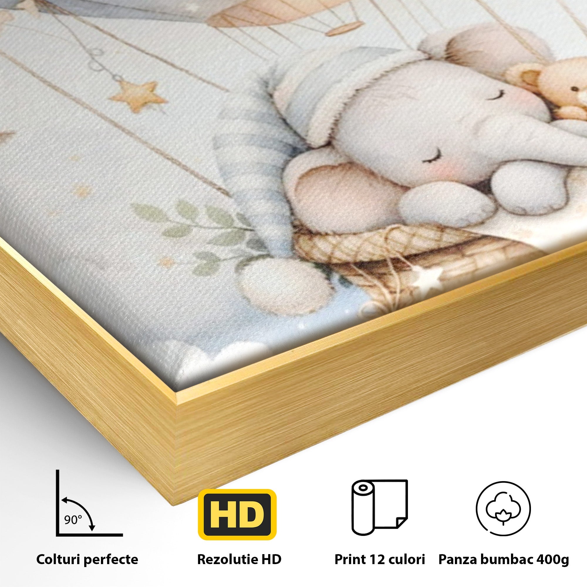 Tablou Canvas Premium LuxCanva® PI1366, Vis Deasupra Norilor, Elefant, Balon, Aer Cald, Nori, Copil, Culori Vibrante, Dormitor, Camera Copii