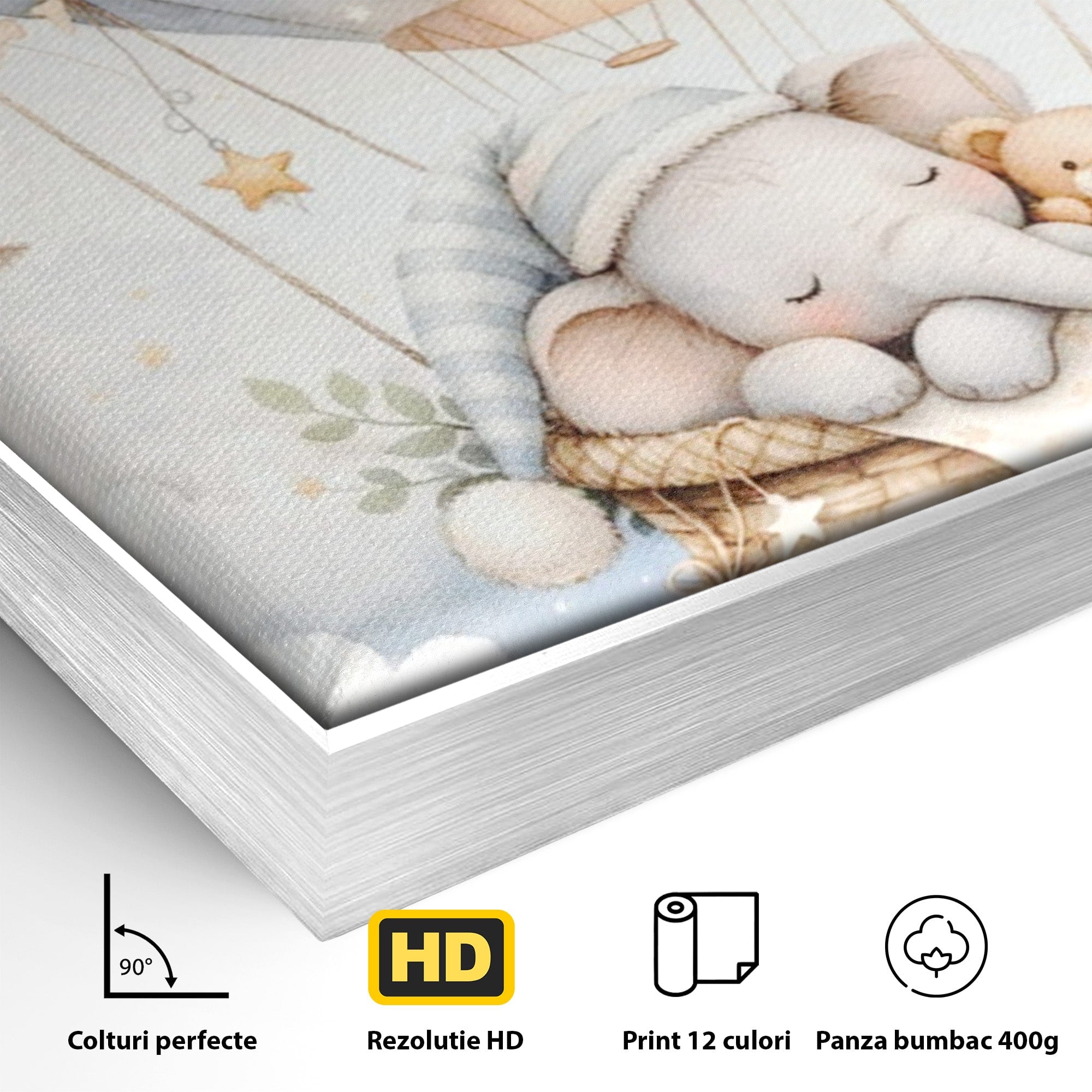 Tablou Canvas Premium LuxCanva® PI1366, Vis Deasupra Norilor, Elefant, Balon, Aer Cald, Nori, Copil, Culori Vibrante, Dormitor, Camera Copii