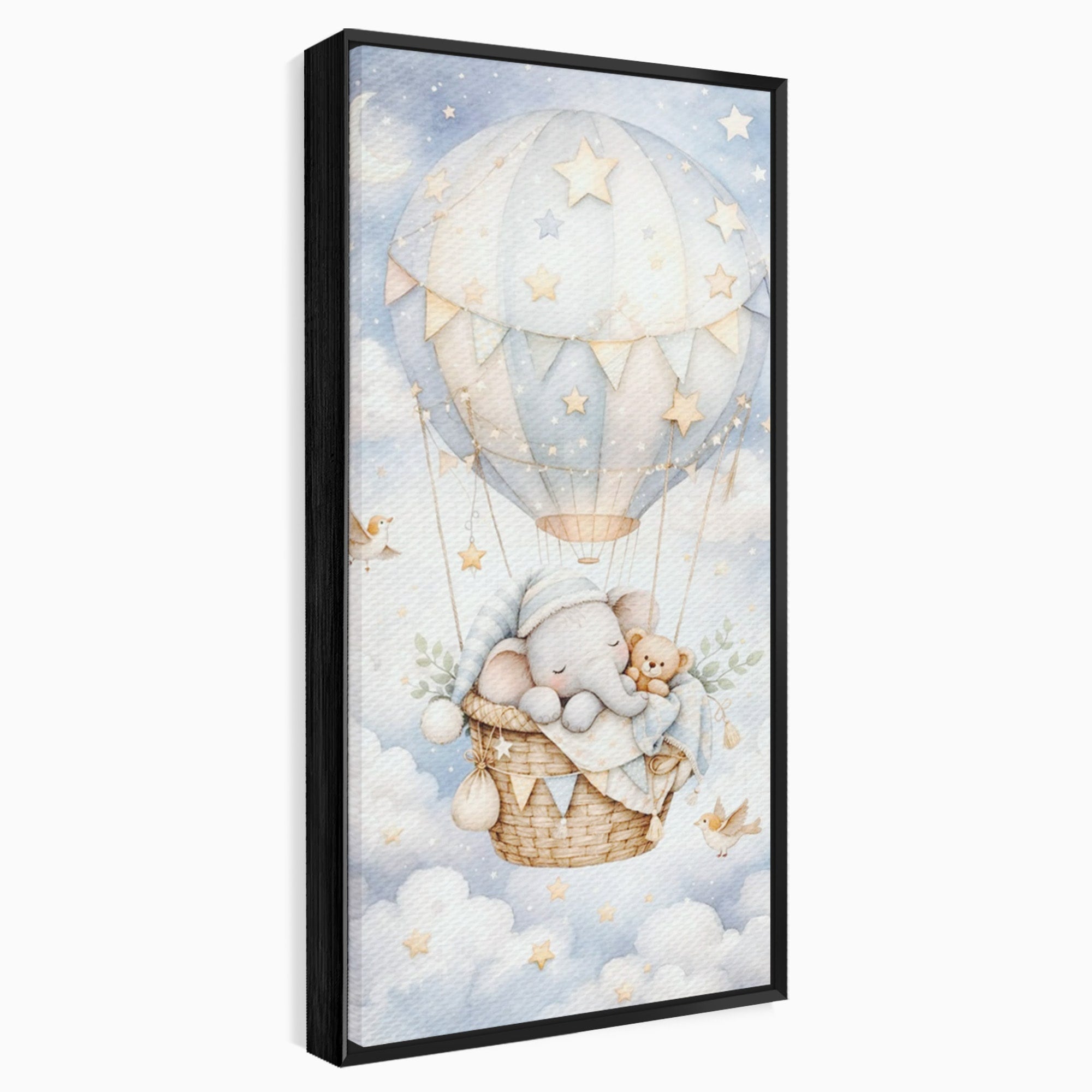 Tablou Canvas Premium LuxCanva® PI1366, Vis Deasupra Norilor, Elefant, Balon, Aer Cald, Nori, Copil, Culori Vibrante, Dormitor, Camera Copii