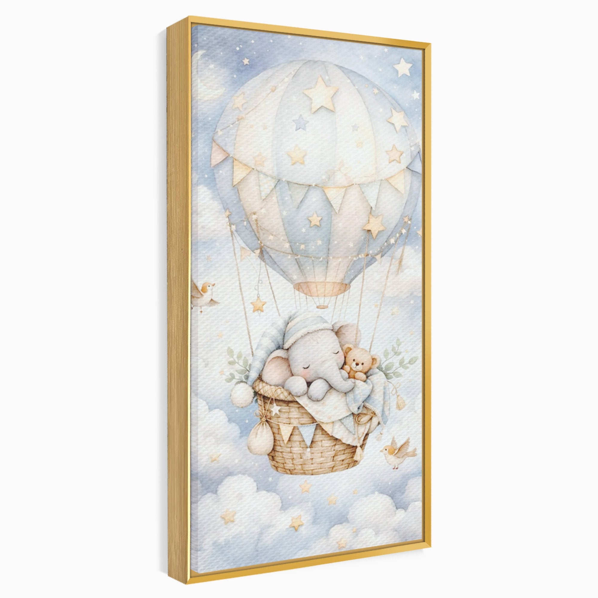 Tablou Canvas Premium LuxCanva® PI1366, Vis Deasupra Norilor, Elefant, Balon, Aer Cald, Nori, Copil, Culori Vibrante, Dormitor, Camera Copii