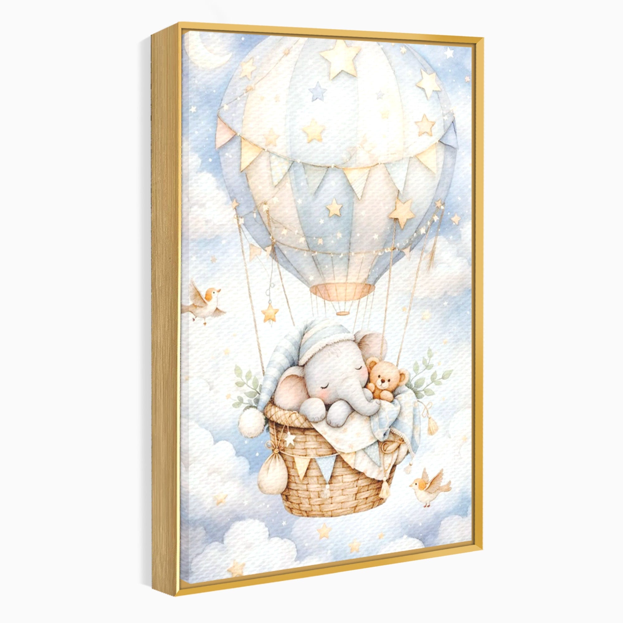 Tablou Canvas Premium LuxCanva® PI1366, Vis Deasupra Norilor, Elefant, Balon, Aer Cald, Nori, Copil, Culori Vibrante, Dormitor, Camera Copii