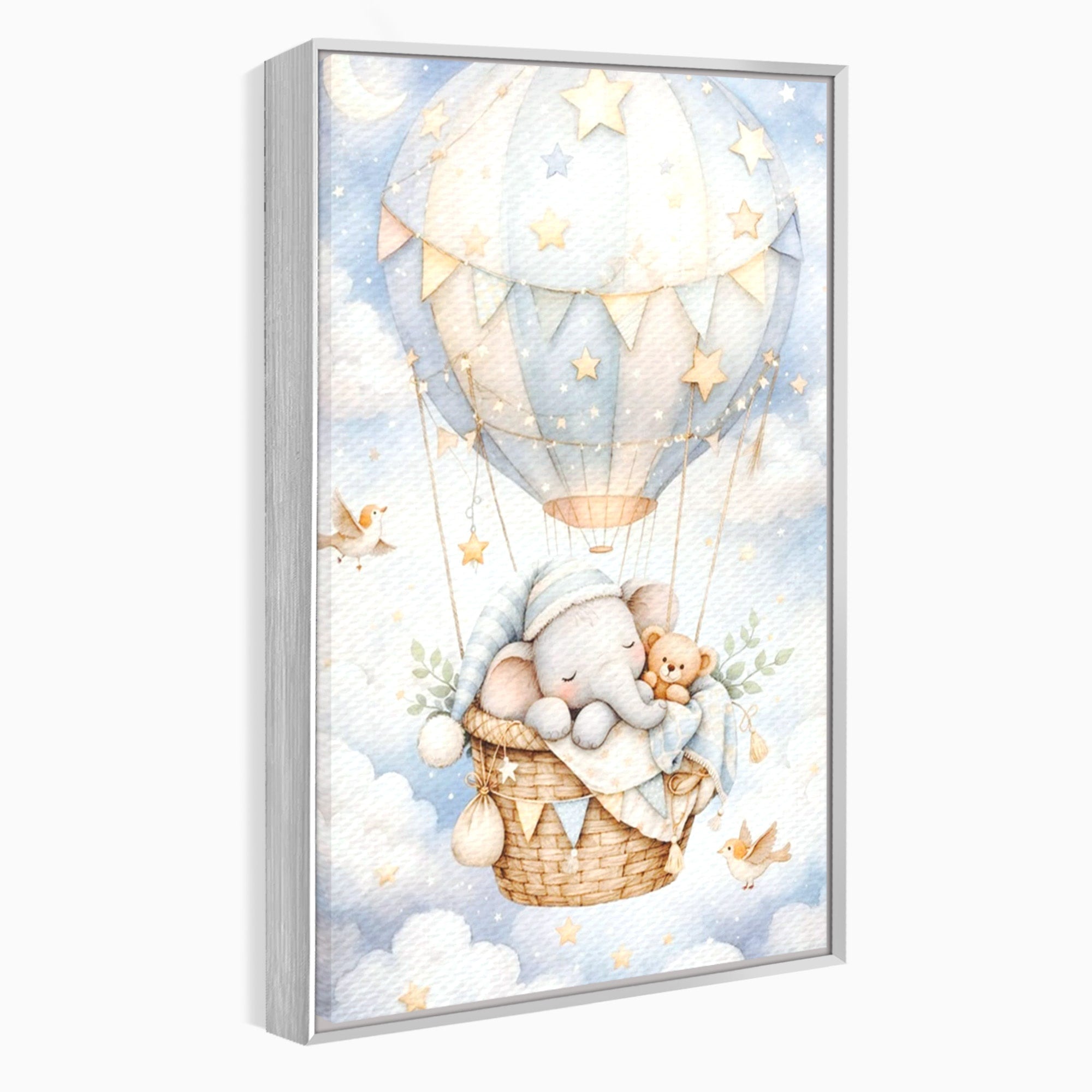 Tablou Canvas Premium LuxCanva® PI1366, Vis Deasupra Norilor, Elefant, Balon, Aer Cald, Nori, Copil, Culori Vibrante, Dormitor, Camera Copii