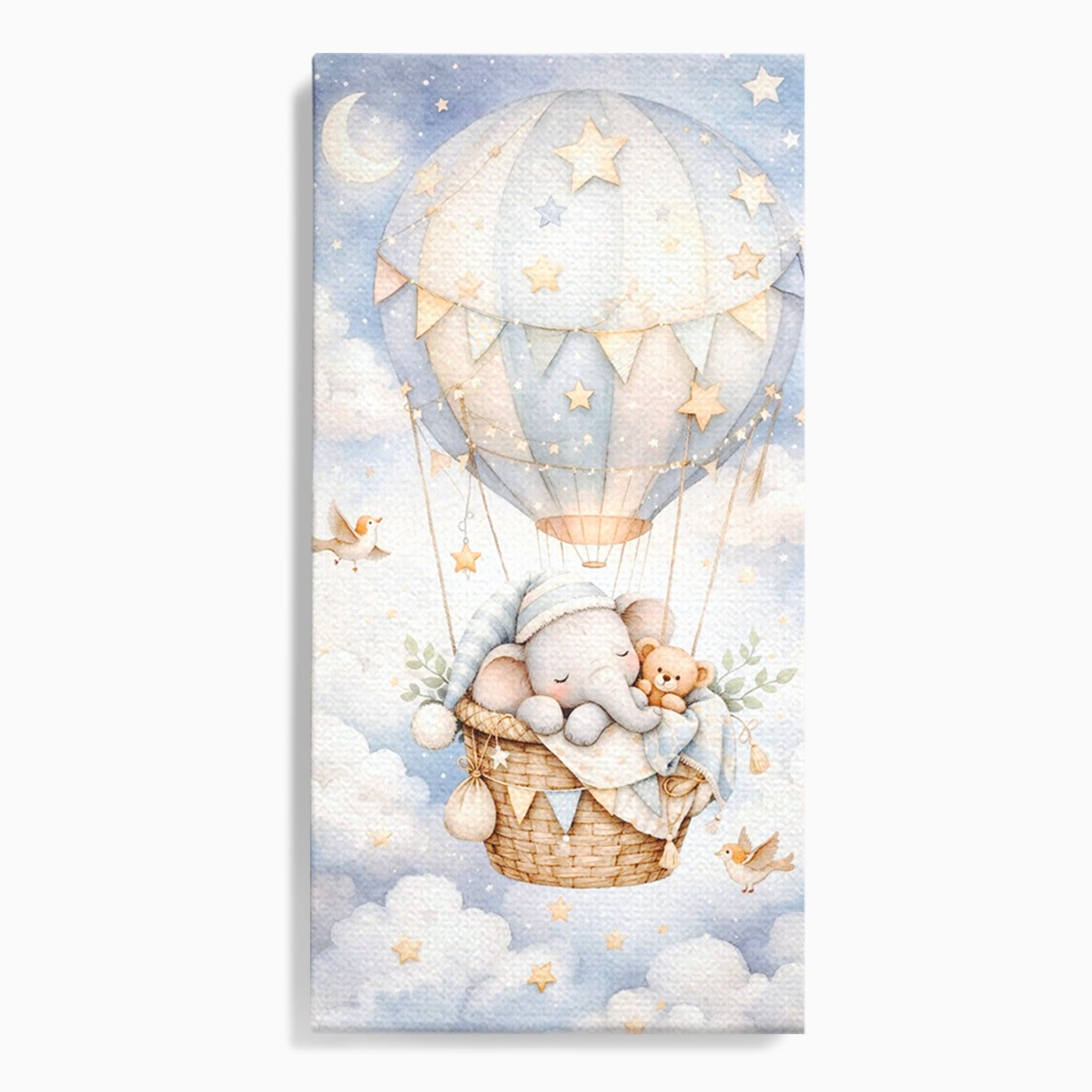 Tablou Canvas Premium LuxCanva® PI1366, Vis Deasupra Norilor, Elefant, Balon, Aer Cald, Nori, Copil, Culori Vibrante, Dormitor, Camera Copii