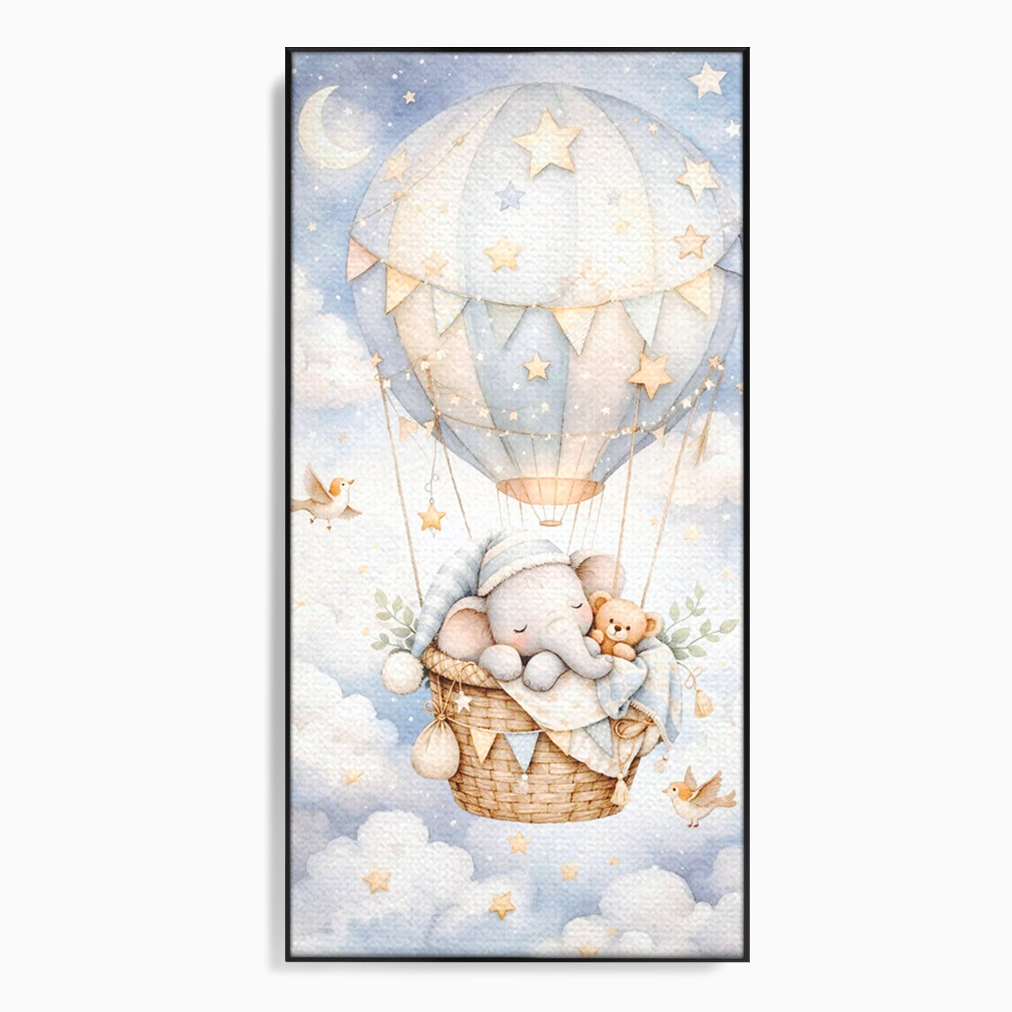 Tablou Canvas Premium LuxCanva® PI1366, Vis Deasupra Norilor, Elefant, Balon, Aer Cald, Nori, Copil, Culori Vibrante, Dormitor, Camera Copii