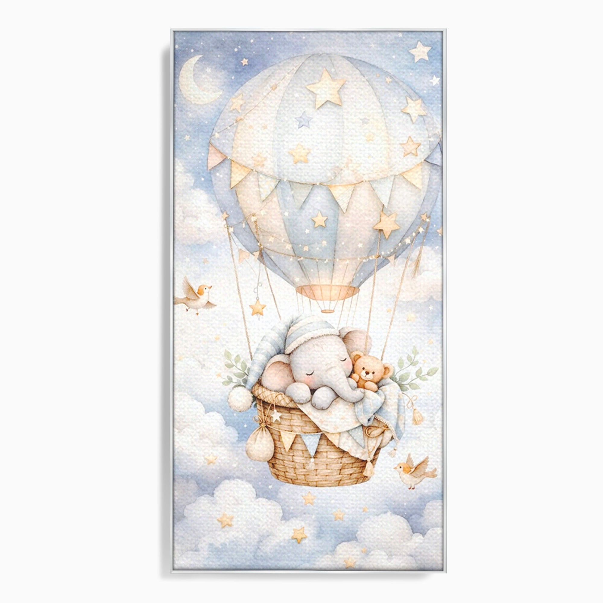 Tablou Canvas Premium LuxCanva® PI1366, Vis Deasupra Norilor, Elefant, Balon, Aer Cald, Nori, Copil, Culori Vibrante, Dormitor, Camera Copii