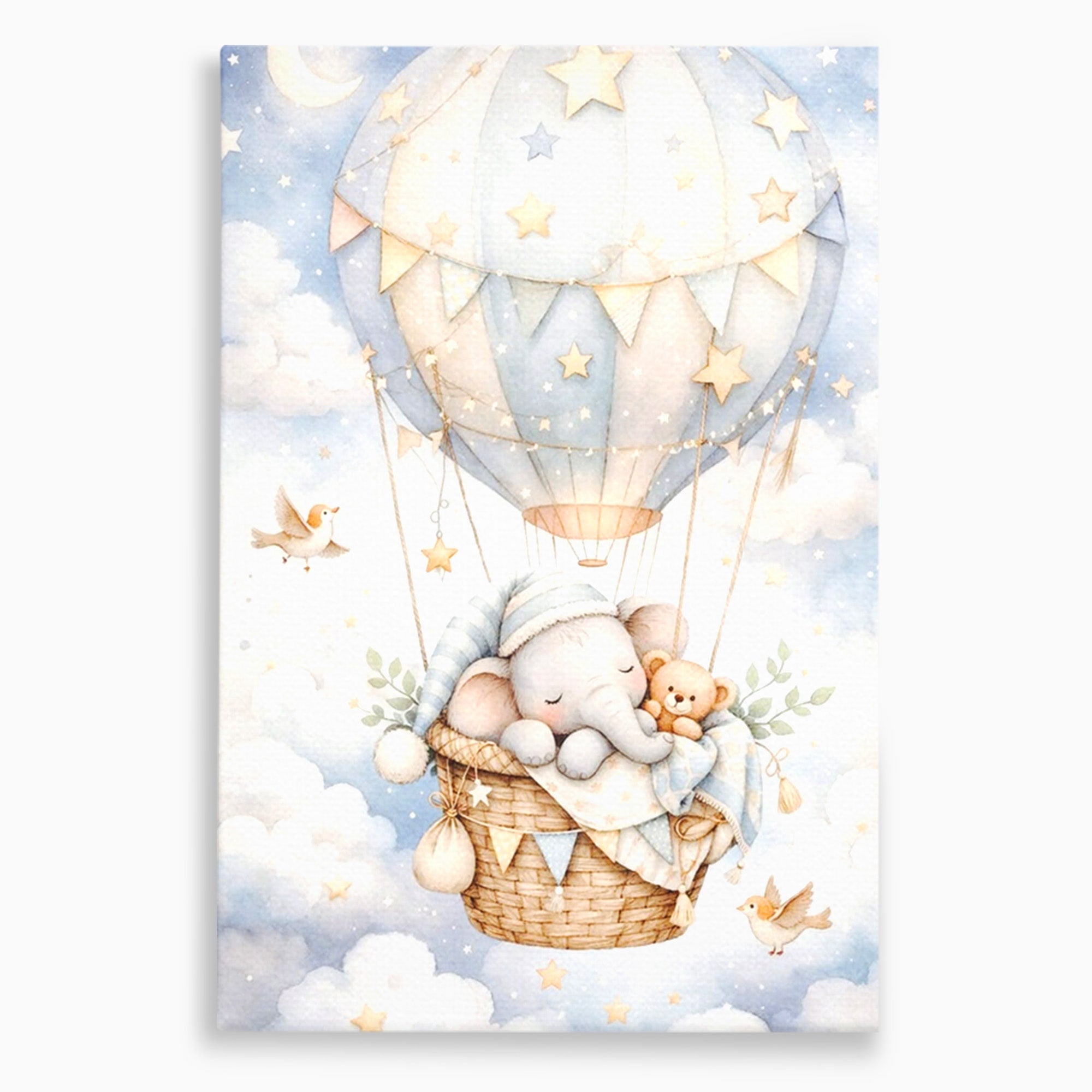 Tablou Canvas Premium LuxCanva® PI1366, Vis Deasupra Norilor, Elefant, Balon, Aer Cald, Nori, Copil, Culori Vibrante, Dormitor, Camera Copii