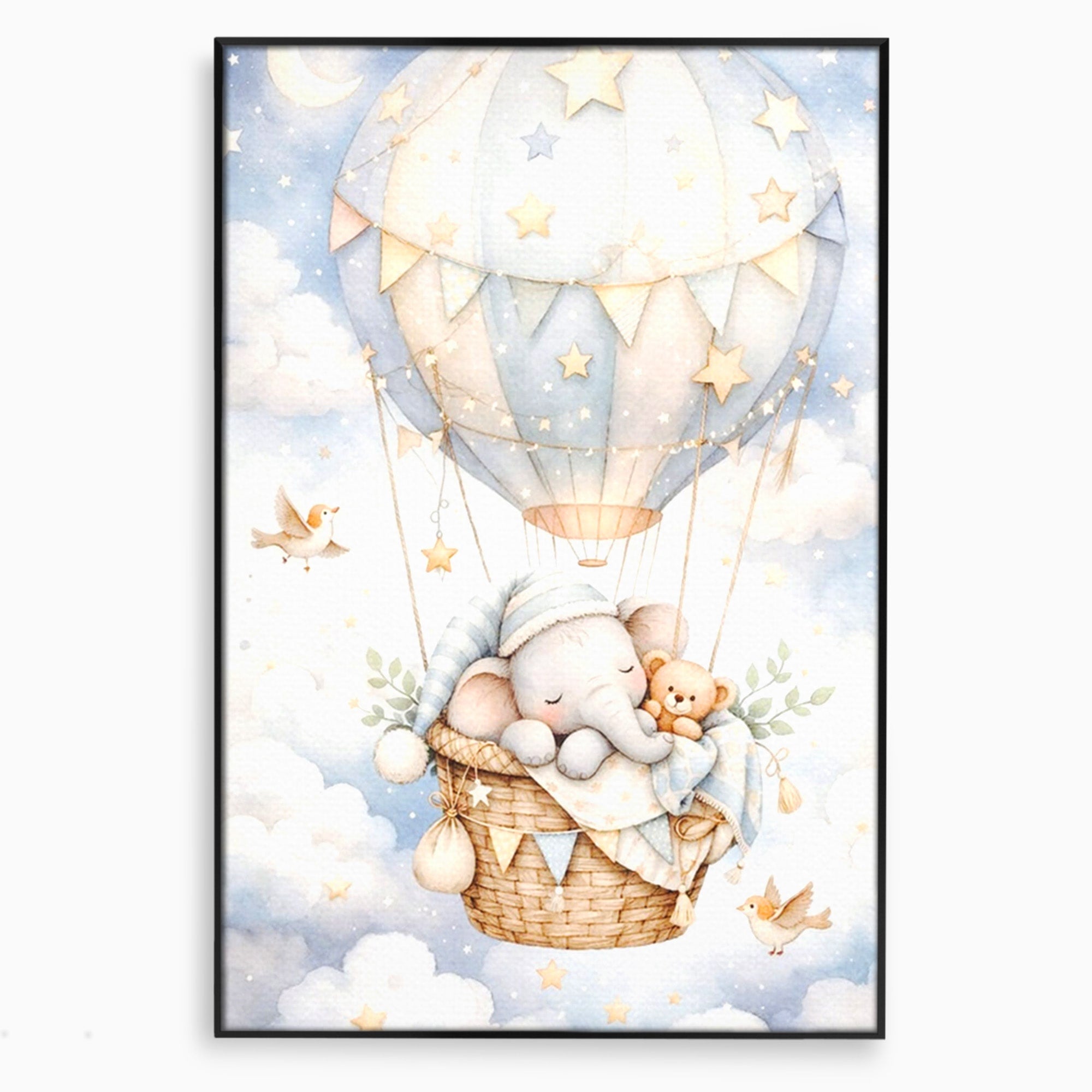 Tablou Canvas Premium LuxCanva® PI1366, Vis Deasupra Norilor, Elefant, Balon, Aer Cald, Nori, Copil, Culori Vibrante, Dormitor, Camera Copii