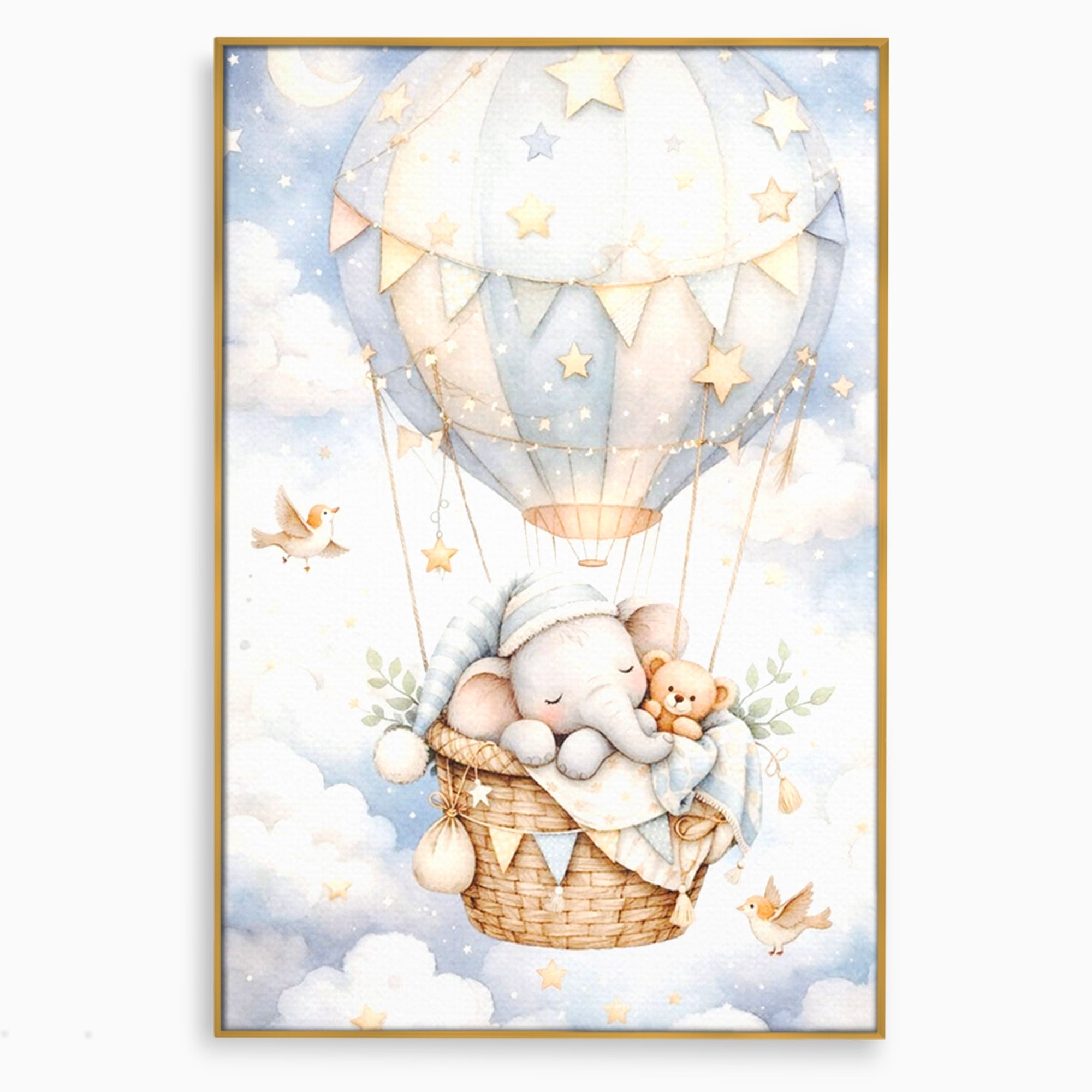 Tablou Canvas Premium LuxCanva® PI1366, Vis Deasupra Norilor, Elefant, Balon, Aer Cald, Nori, Copil, Culori Vibrante, Dormitor, Camera Copii