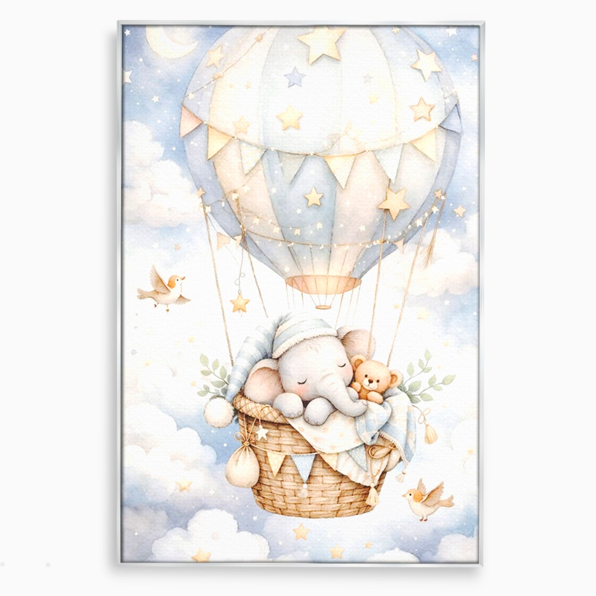 Tablou Canvas Premium LuxCanva® PI1366, Vis Deasupra Norilor, Elefant, Balon, Aer Cald, Nori, Copil, Culori Vibrante, Dormitor, Camera Copii