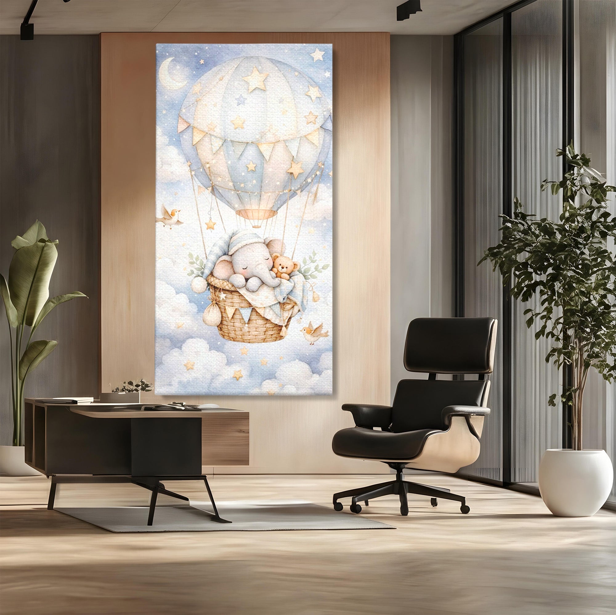 Tablou Canvas Premium LuxCanva® PI1366, Vis Deasupra Norilor, Elefant, Balon, Aer Cald, Nori, Copil, Culori Vibrante, Dormitor, Camera Copii