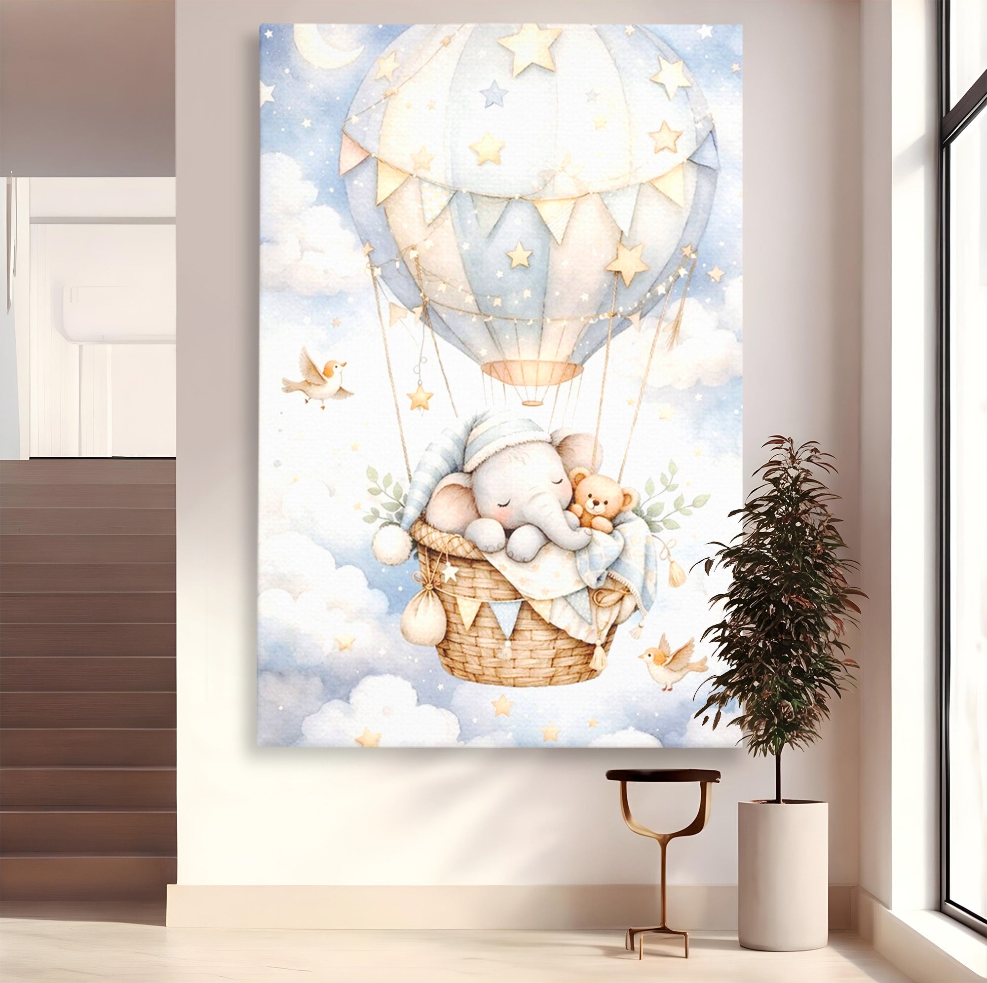 Tablou Canvas Premium LuxCanva® PI1366, Vis Deasupra Norilor, Elefant, Balon, Aer Cald, Nori, Copil, Culori Vibrante, Dormitor, Camera Copii