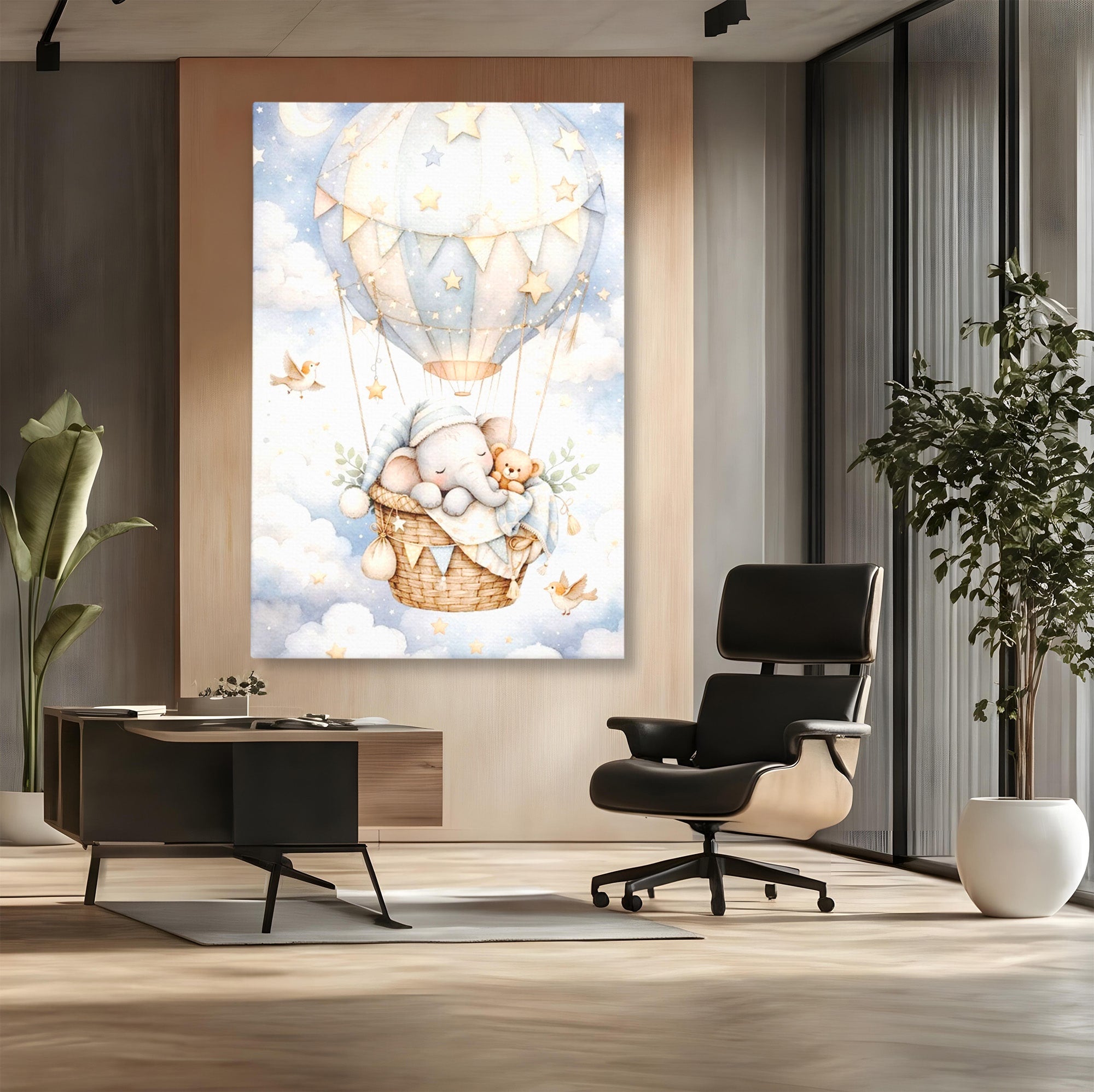 Tablou Canvas Premium LuxCanva® PI1366, Vis Deasupra Norilor, Elefant, Balon, Aer Cald, Nori, Copil, Culori Vibrante, Dormitor, Camera Copii