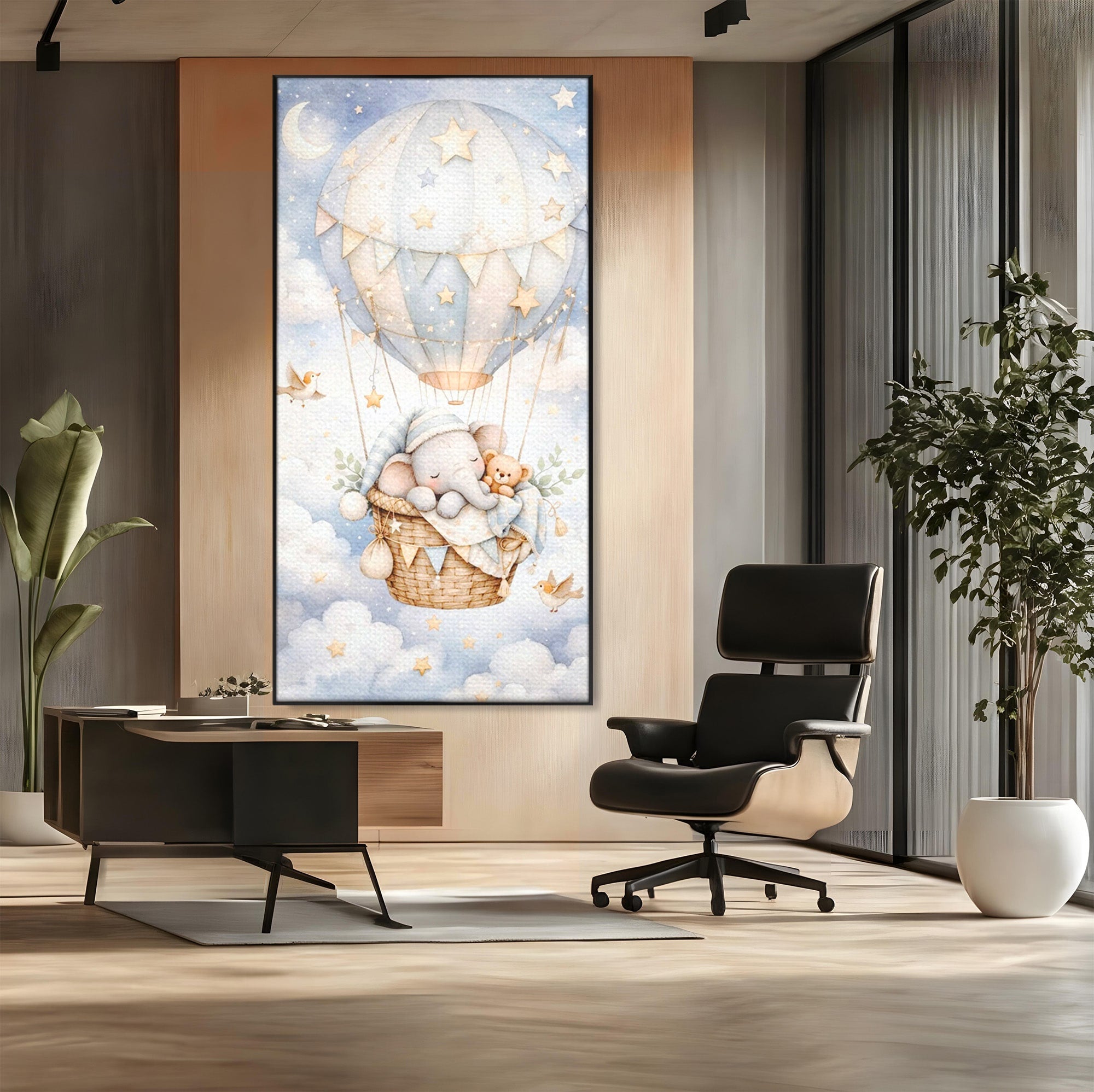 Tablou Canvas Premium LuxCanva® PI1366, Vis Deasupra Norilor, Elefant, Balon, Aer Cald, Nori, Copil, Culori Vibrante, Dormitor, Camera Copii