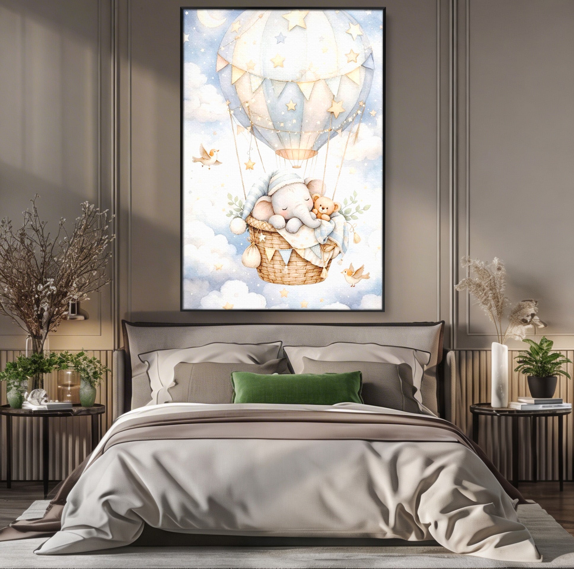 Tablou Canvas Premium LuxCanva® PI1366, Vis Deasupra Norilor, Elefant, Balon, Aer Cald, Nori, Copil, Culori Vibrante, Dormitor, Camera Copii