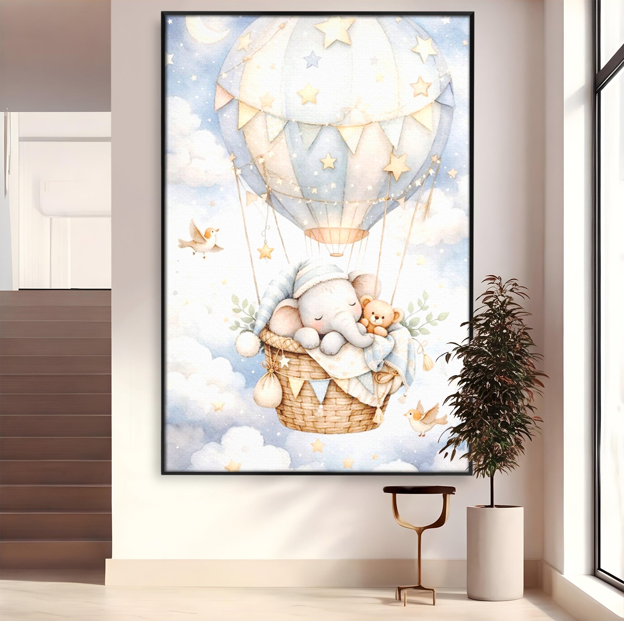 Tablou Canvas Premium LuxCanva® PI1366, Vis Deasupra Norilor, Elefant, Balon, Aer Cald, Nori, Copil, Culori Vibrante, Dormitor, Camera Copii