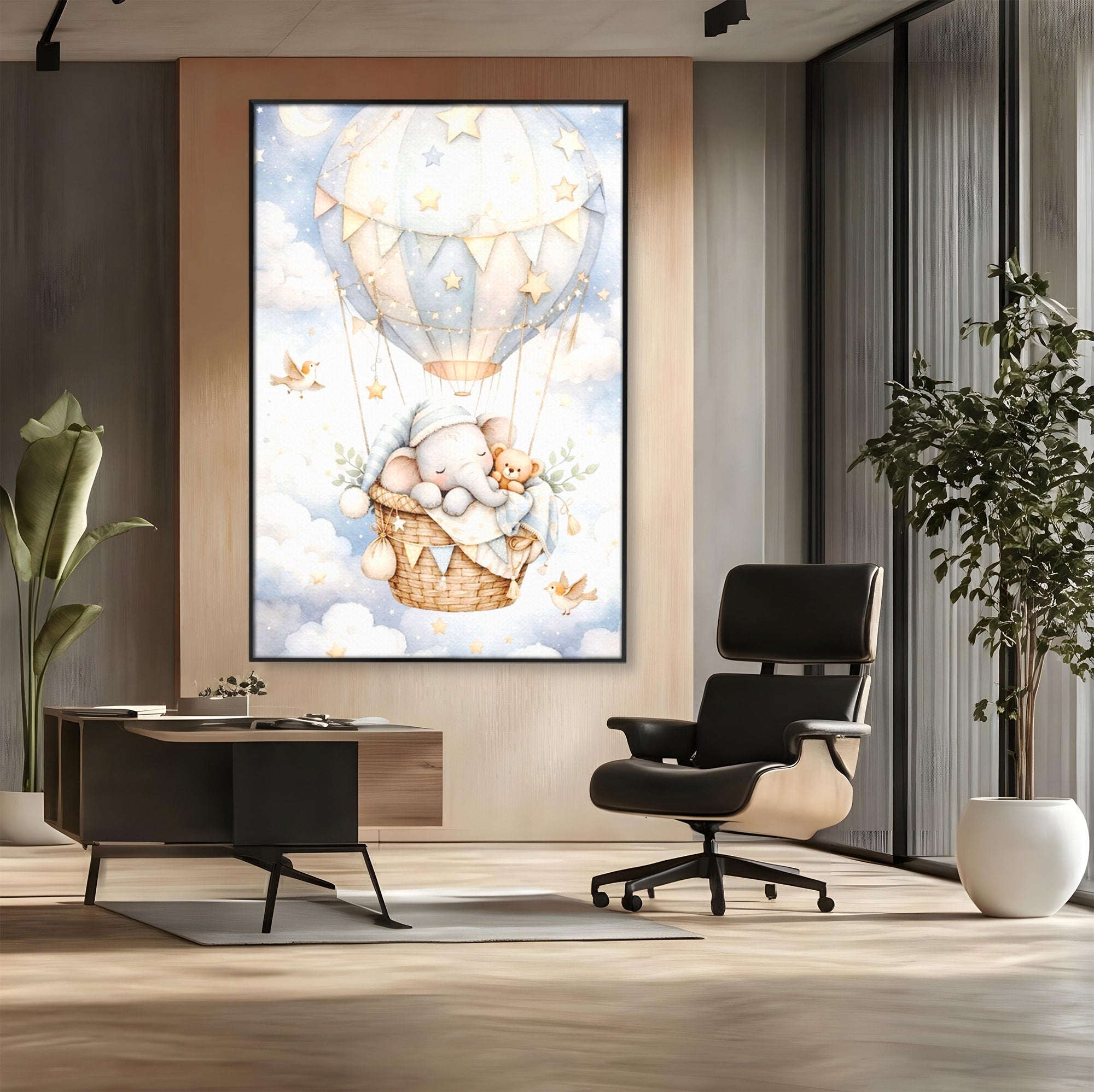 Tablou Canvas Premium LuxCanva® PI1366, Vis Deasupra Norilor, Elefant, Balon, Aer Cald, Nori, Copil, Culori Vibrante, Dormitor, Camera Copii