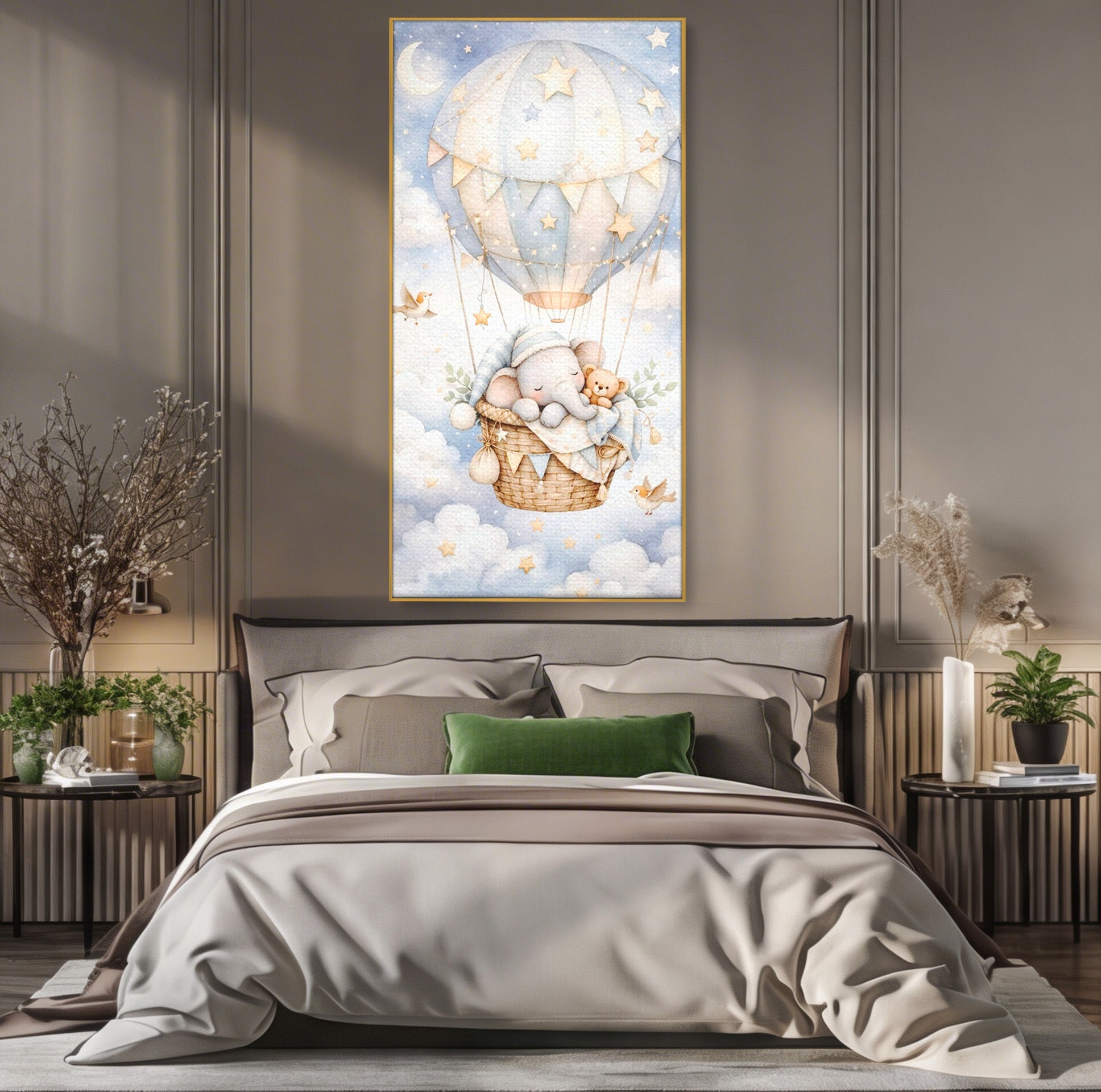 Tablou Canvas Premium LuxCanva® PI1366, Vis Deasupra Norilor, Elefant, Balon, Aer Cald, Nori, Copil, Culori Vibrante, Dormitor, Camera Copii
