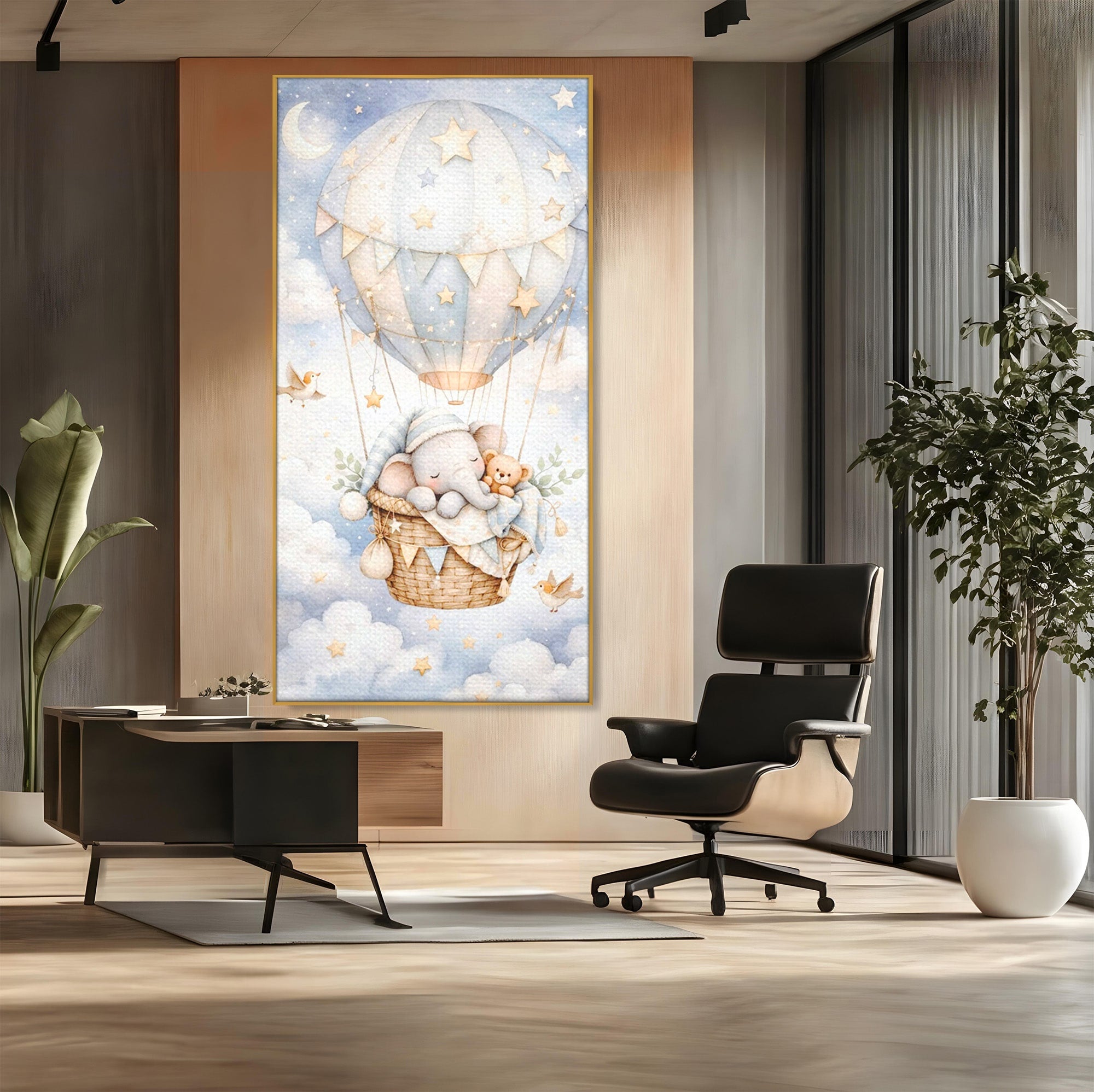 Tablou Canvas Premium LuxCanva® PI1366, Vis Deasupra Norilor, Elefant, Balon, Aer Cald, Nori, Copil, Culori Vibrante, Dormitor, Camera Copii