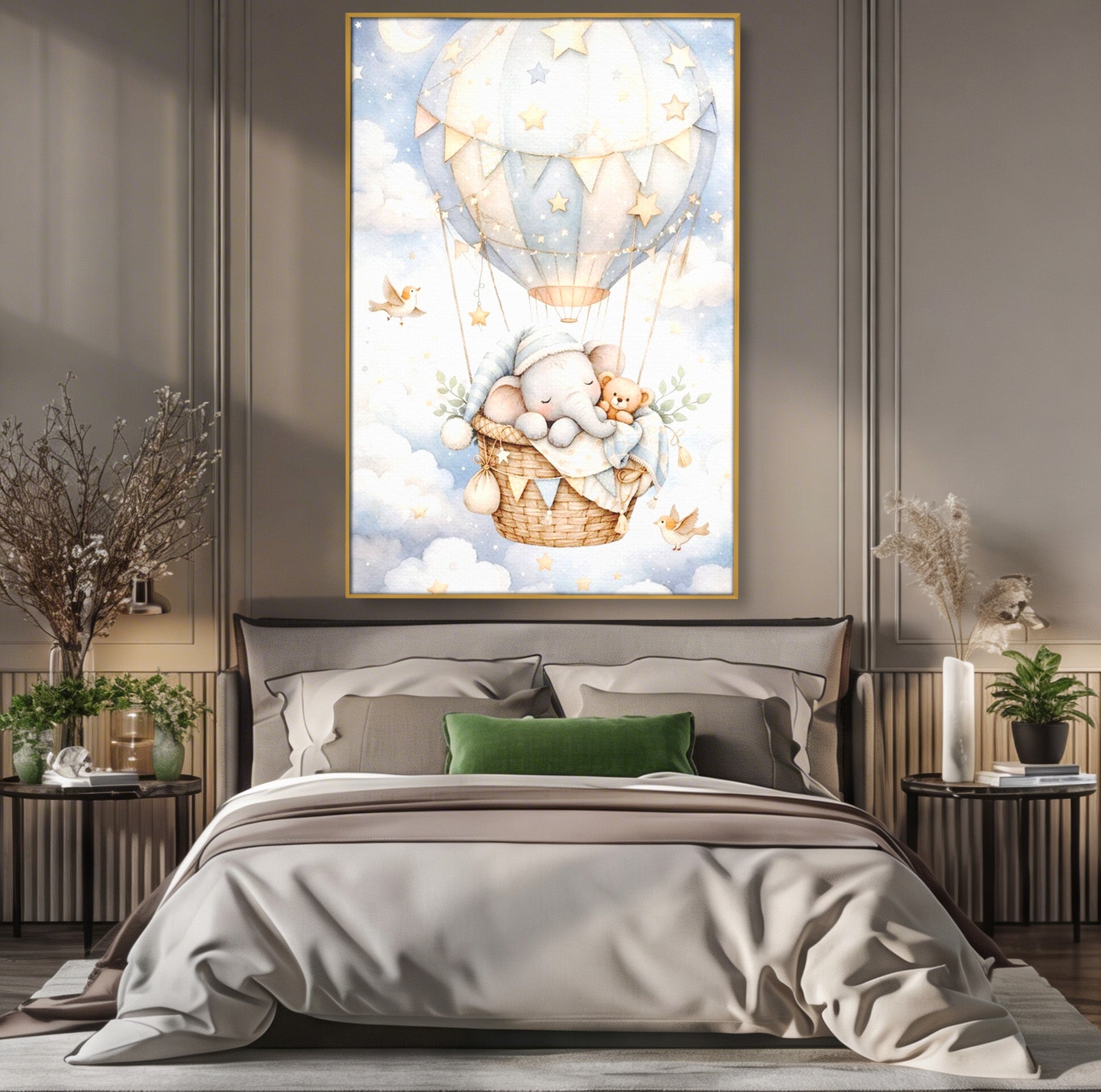 Tablou Canvas Premium LuxCanva® PI1366, Vis Deasupra Norilor, Elefant, Balon, Aer Cald, Nori, Copil, Culori Vibrante, Dormitor, Camera Copii