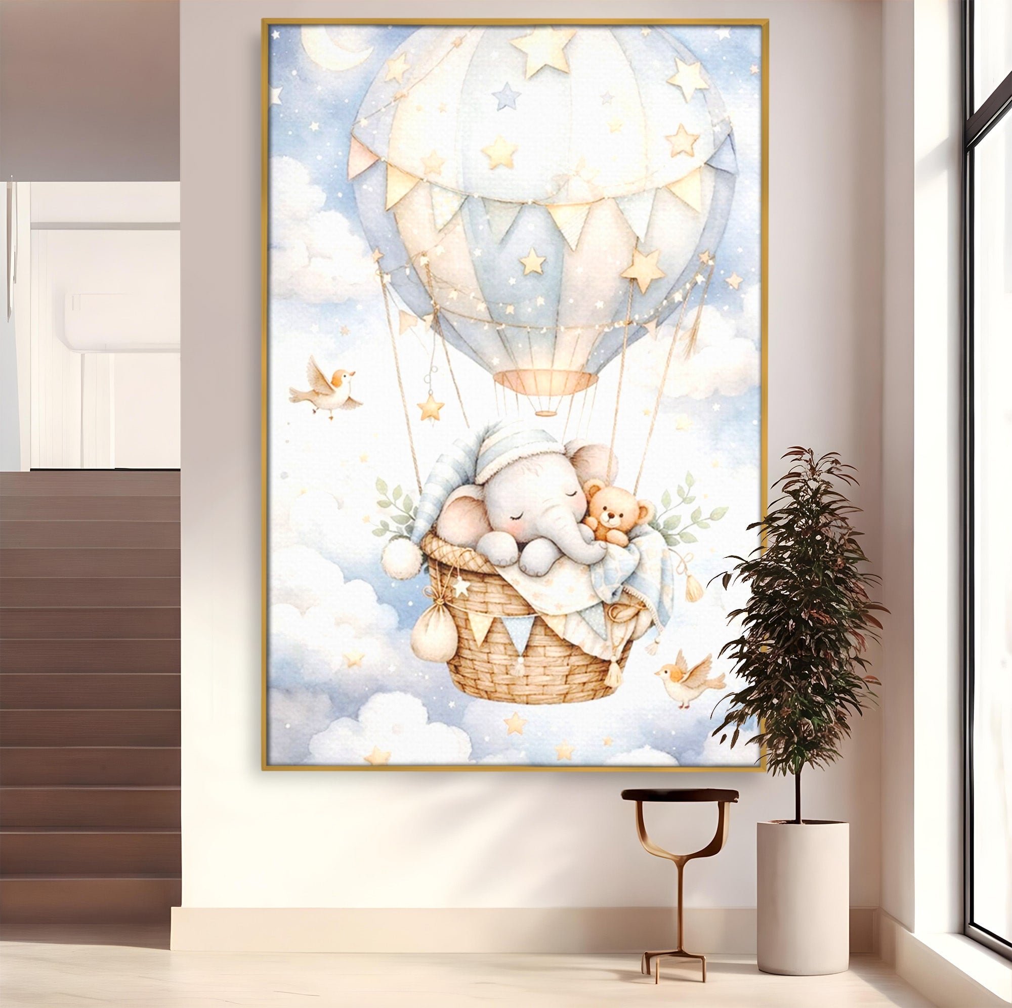 Tablou Canvas Premium LuxCanva® PI1366, Vis Deasupra Norilor, Elefant, Balon, Aer Cald, Nori, Copil, Culori Vibrante, Dormitor, Camera Copii