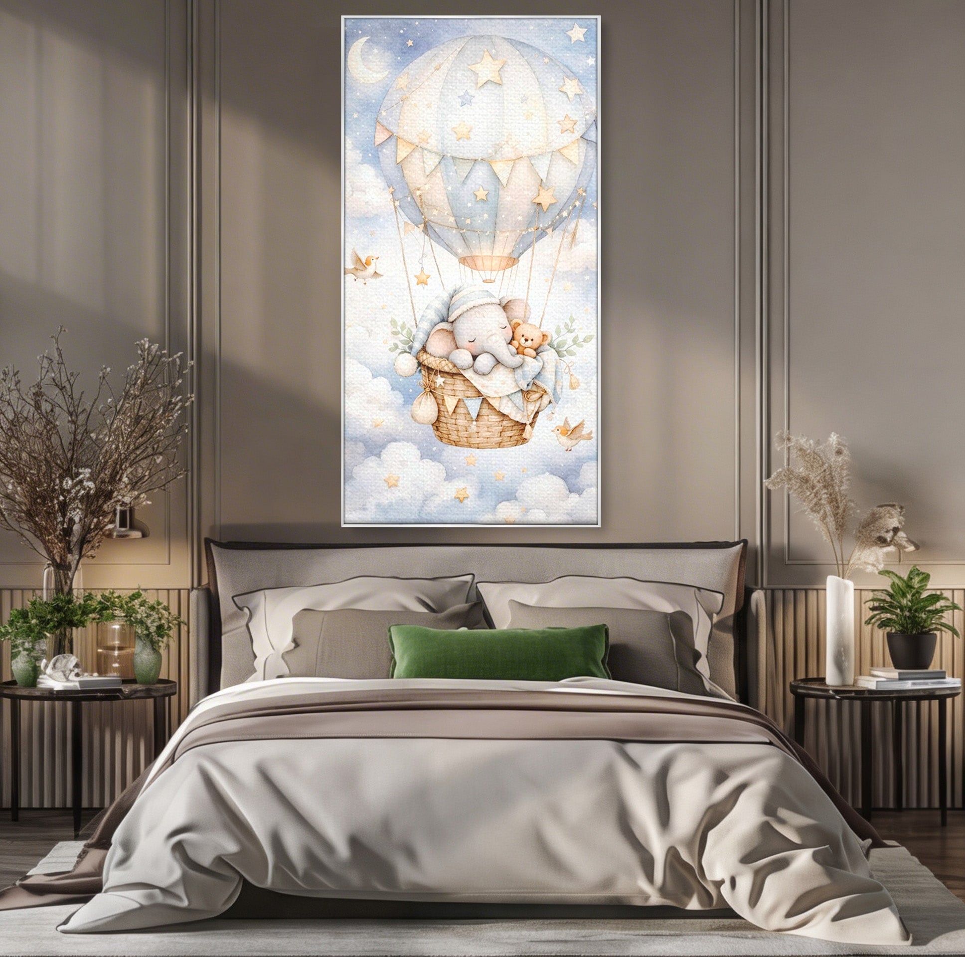 Tablou Canvas Premium LuxCanva® PI1366, Vis Deasupra Norilor, Elefant, Balon, Aer Cald, Nori, Copil, Culori Vibrante, Dormitor, Camera Copii