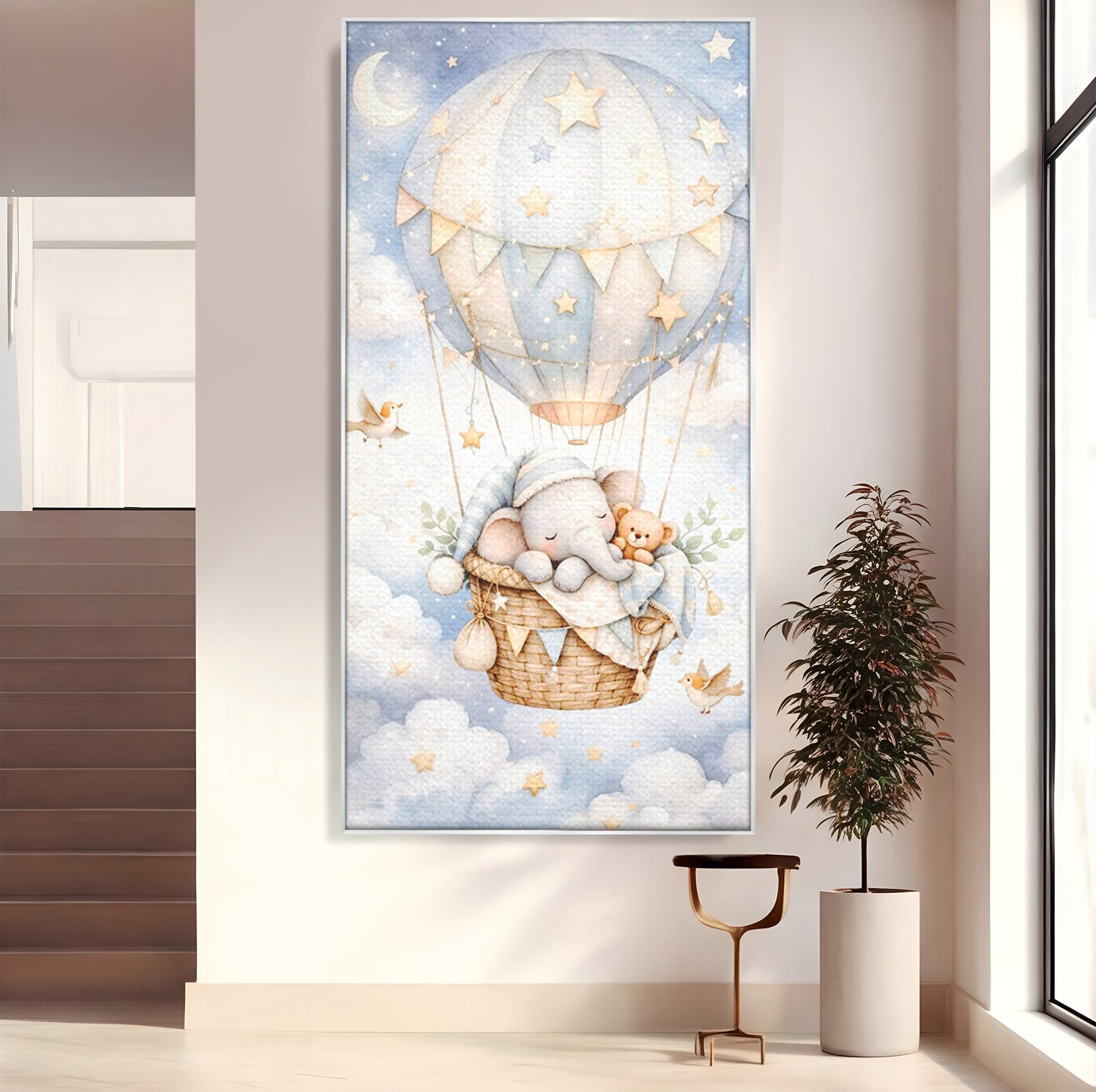 Tablou Canvas Premium LuxCanva® PI1366, Vis Deasupra Norilor, Elefant, Balon, Aer Cald, Nori, Copil, Culori Vibrante, Dormitor, Camera Copii