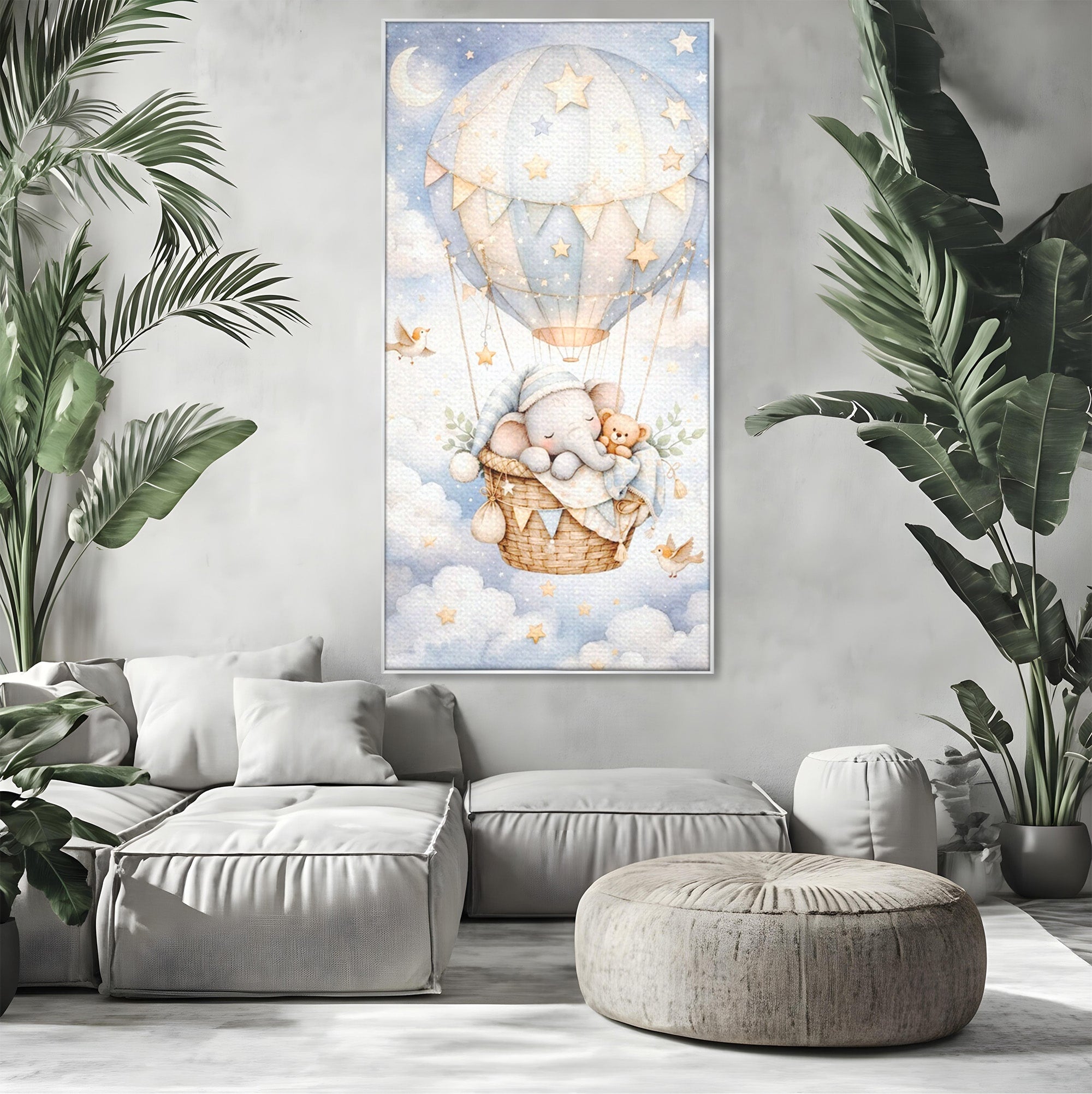 Tablou Canvas Premium LuxCanva® PI1366, Vis Deasupra Norilor, Elefant, Balon, Aer Cald, Nori, Copil, Culori Vibrante, Dormitor, Camera Copii