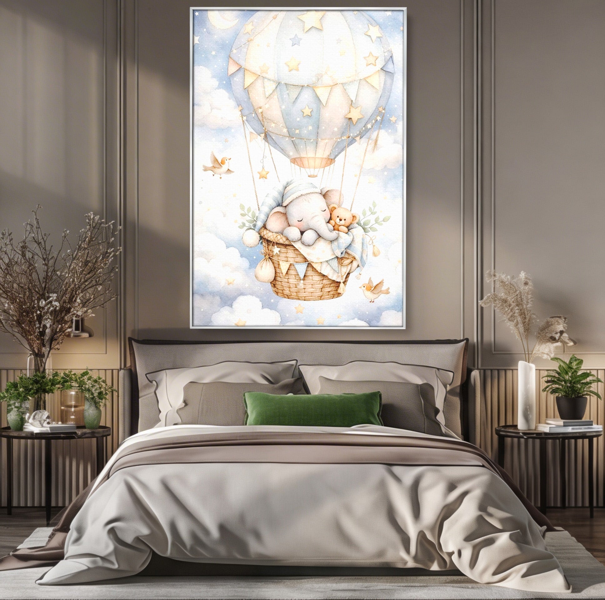 Tablou Canvas Premium LuxCanva® PI1366, Vis Deasupra Norilor, Elefant, Balon, Aer Cald, Nori, Copil, Culori Vibrante, Dormitor, Camera Copii