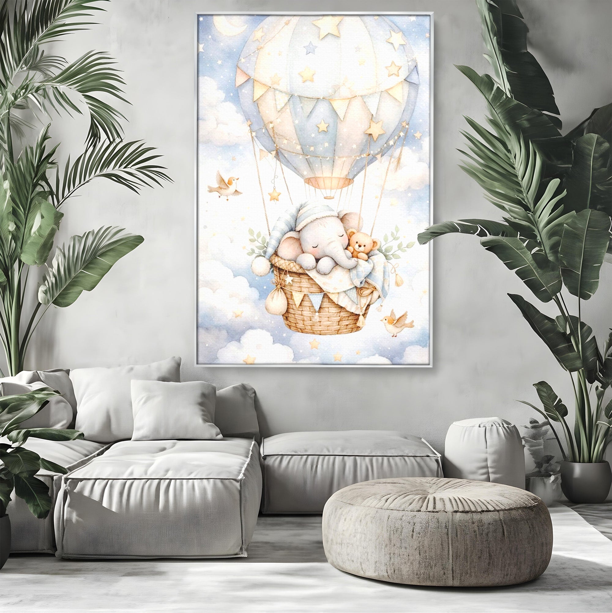 Tablou Canvas Premium LuxCanva® PI1366, Vis Deasupra Norilor, Elefant, Balon, Aer Cald, Nori, Copil, Culori Vibrante, Dormitor, Camera Copii
