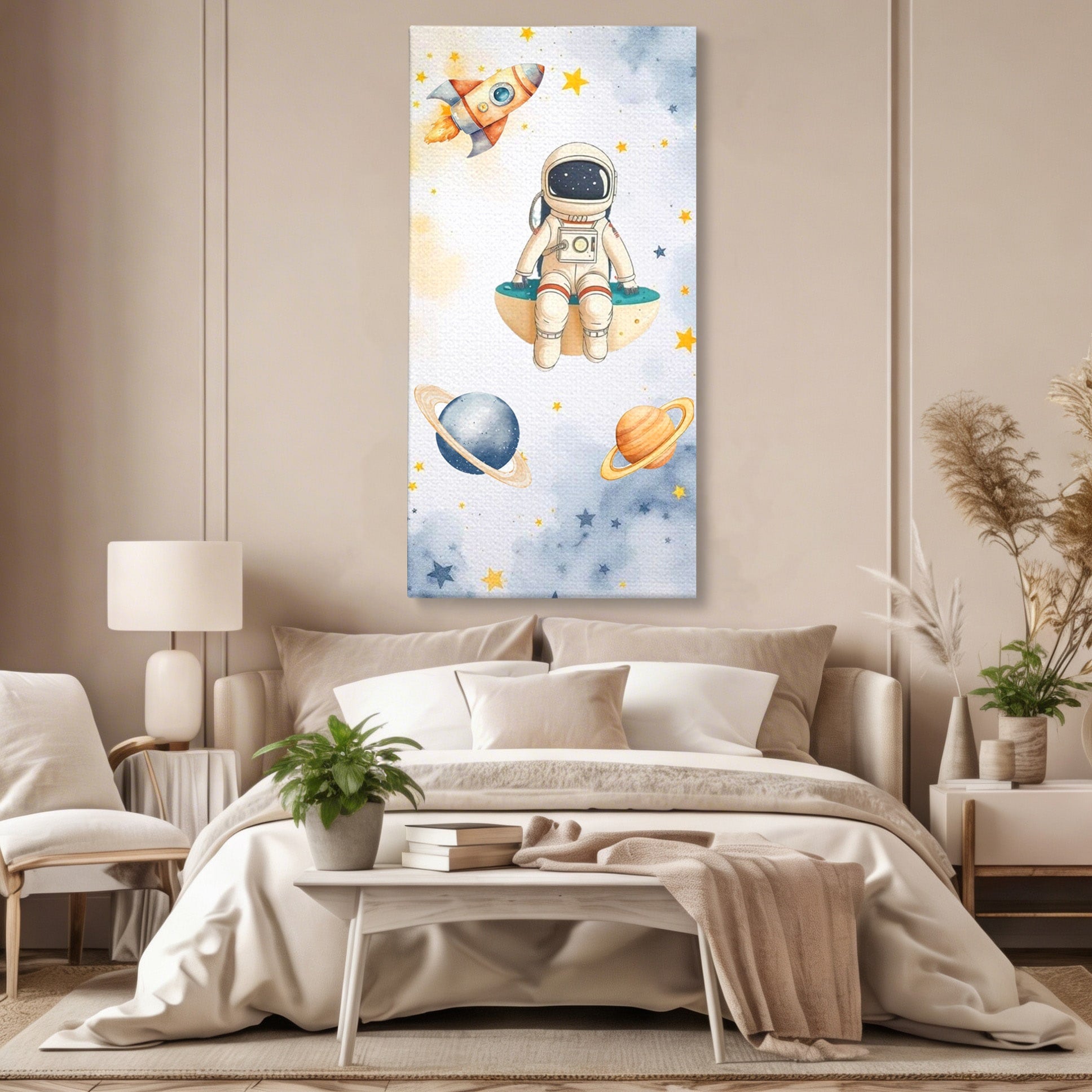 Tablou Canvas Premium LuxCanva® PI1367, Astronaut In Spatiu, Calatorie, Spatiu, Planete, Copii, Culori Vibrante, Dormitor, Camera Copii