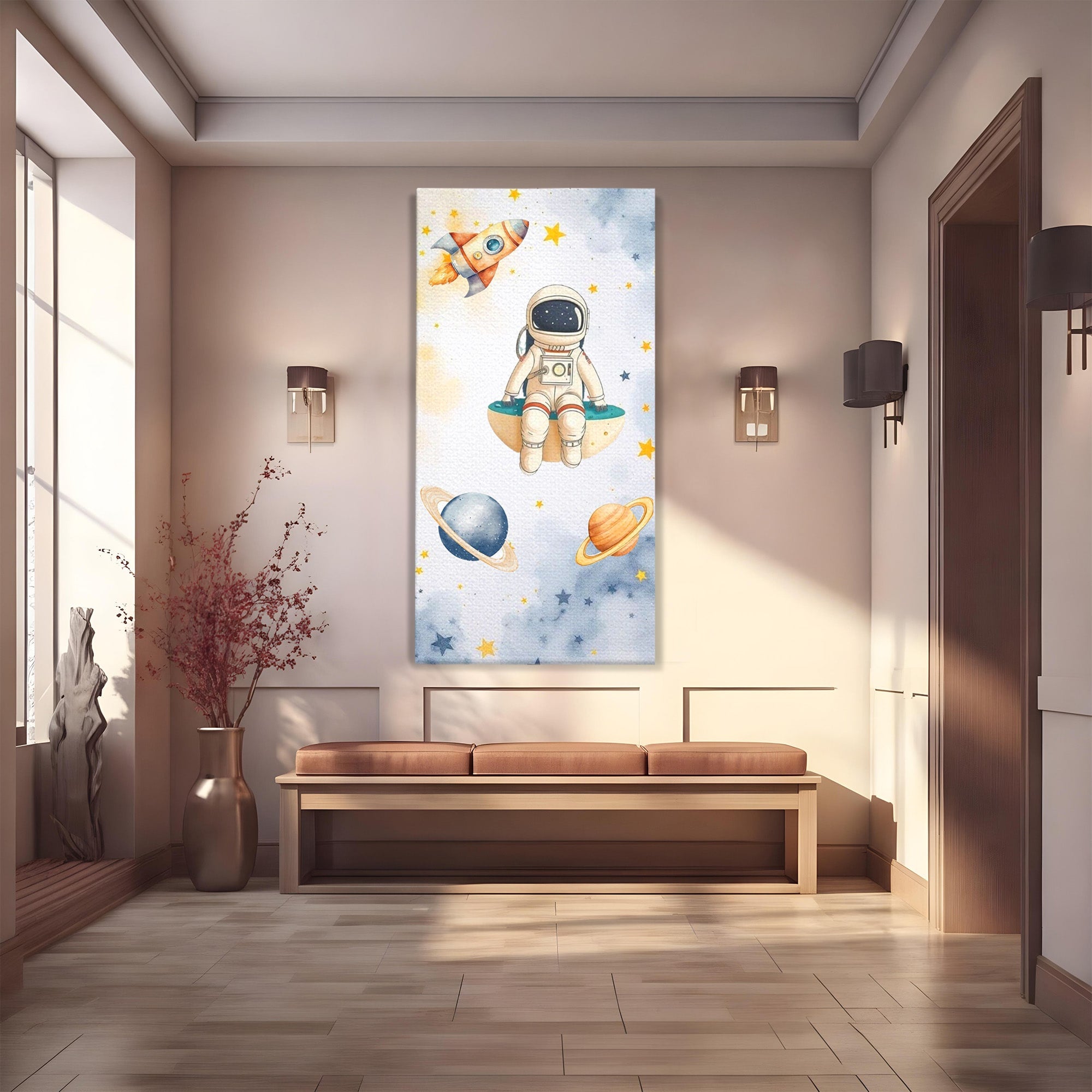 Tablou Canvas Premium LuxCanva® PI1367, Astronaut In Spatiu, Calatorie, Spatiu, Planete, Copii, Culori Vibrante, Dormitor, Camera Copii