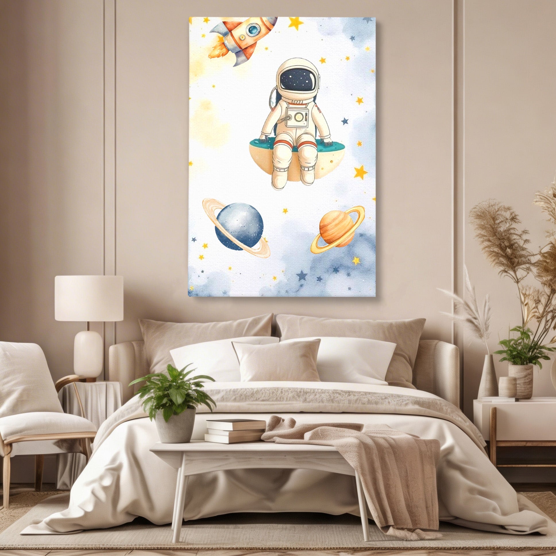 Tablou Canvas Premium LuxCanva® PI1367, Astronaut In Spatiu, Calatorie, Spatiu, Planete, Copii, Culori Vibrante, Dormitor, Camera Copii