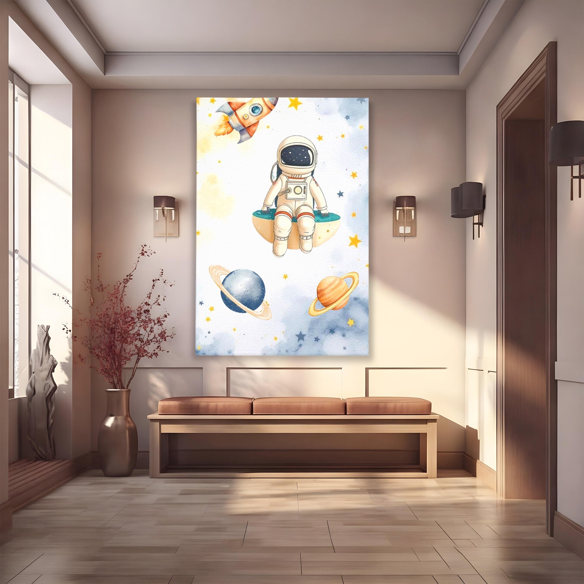 Tablou Canvas Premium LuxCanva® PI1367, Astronaut In Spatiu, Calatorie, Spatiu, Planete, Copii, Culori Vibrante, Dormitor, Camera Copii